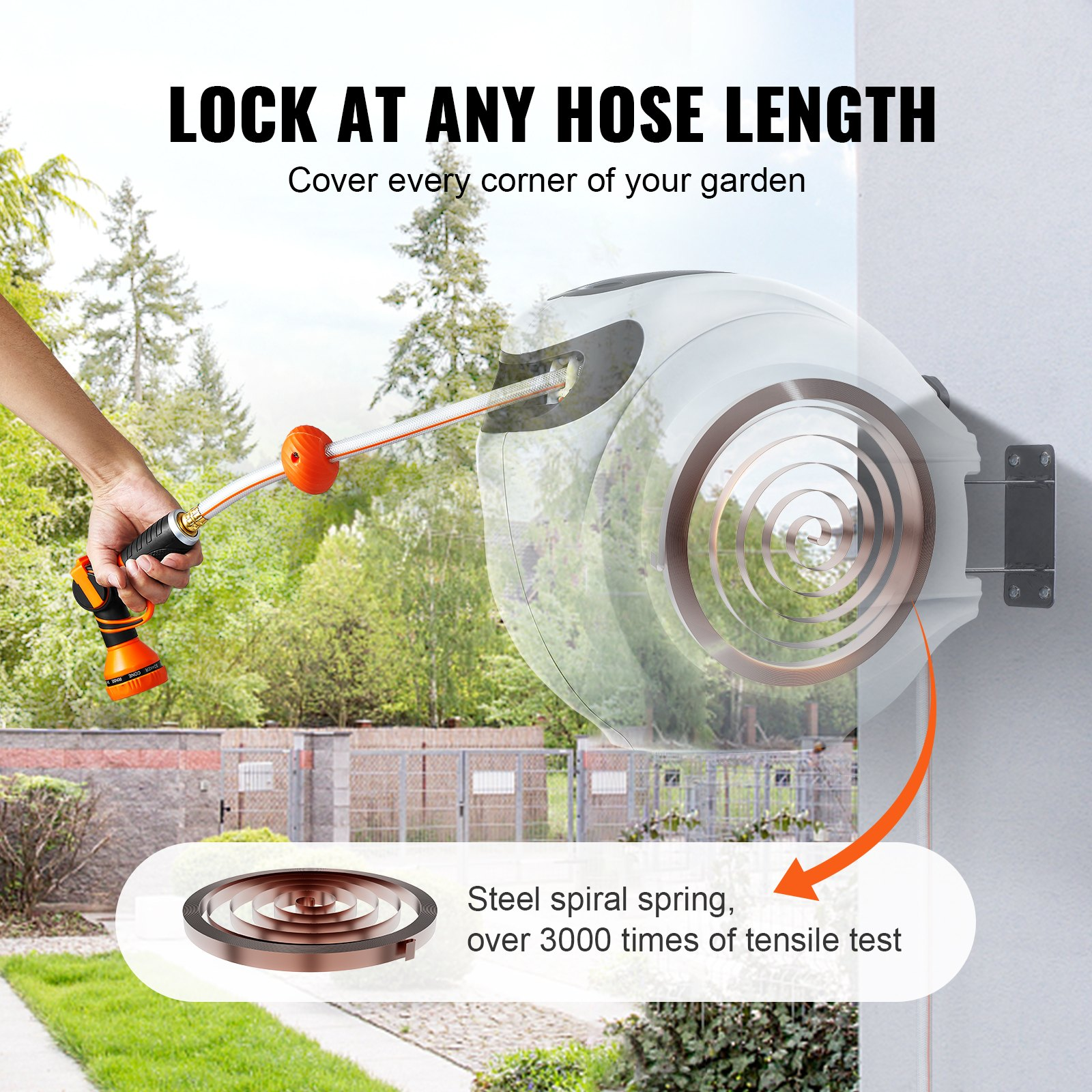 Start2Finish VEVOR retractable garden hose reel with 130 ft hose, 180° swivel, automatic rewind, and 9-pattern nozzle.