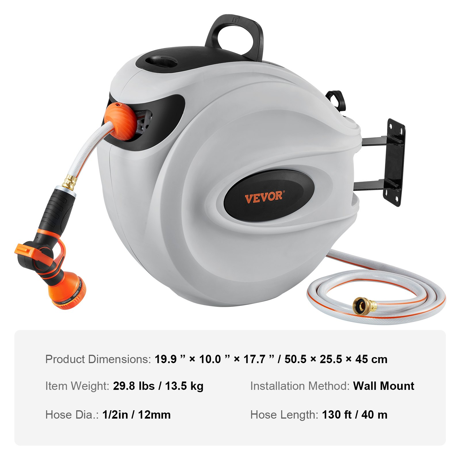 Start2Finish VEVOR retractable garden hose reel with 130 ft hose, 180° swivel, and adjustable nozzle for outdoor watering.