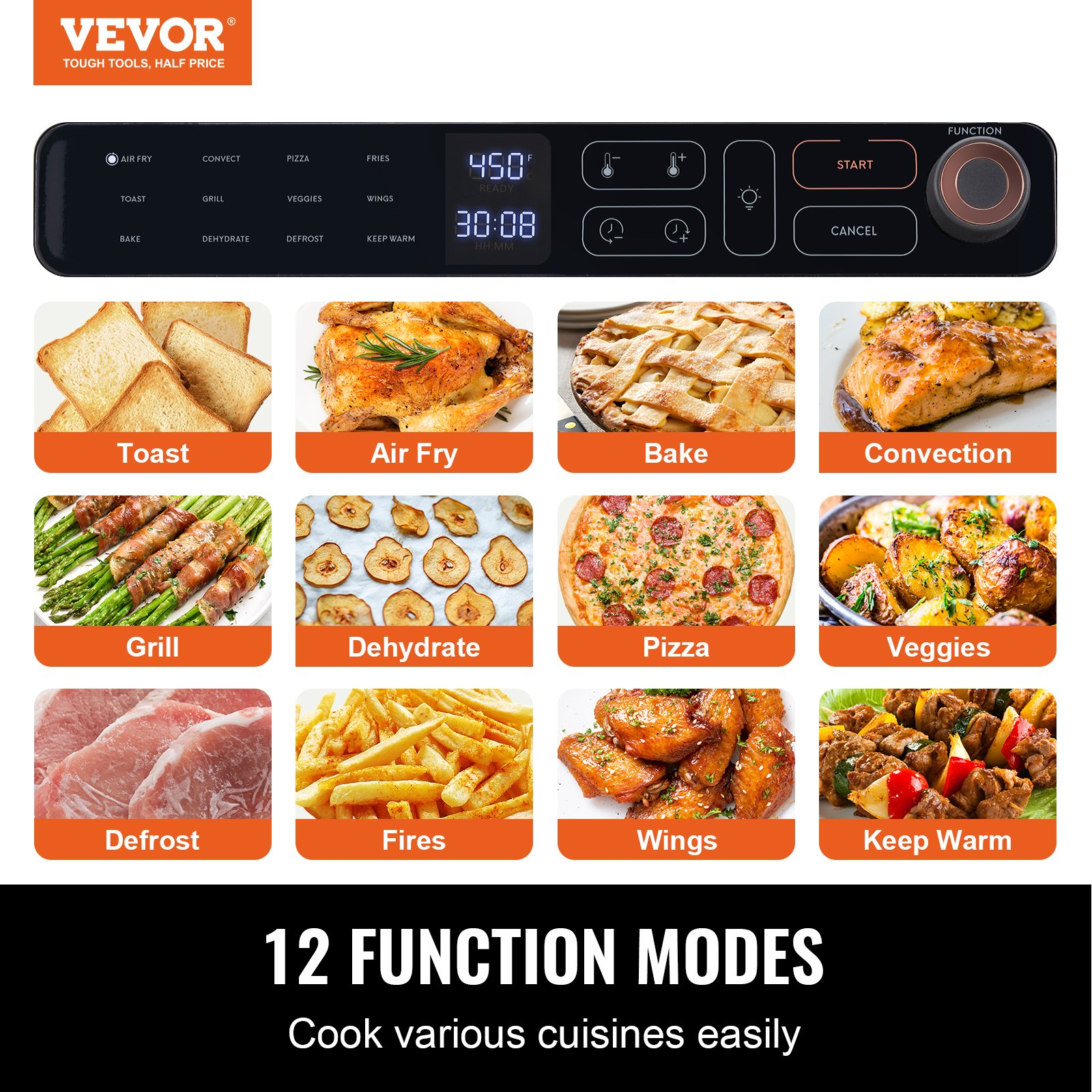 Start2Finish VEVOR 12-in-1 air fryer toaster oven with stainless steel finish, 25L capacity, convection cooking, grill, and pizza pan