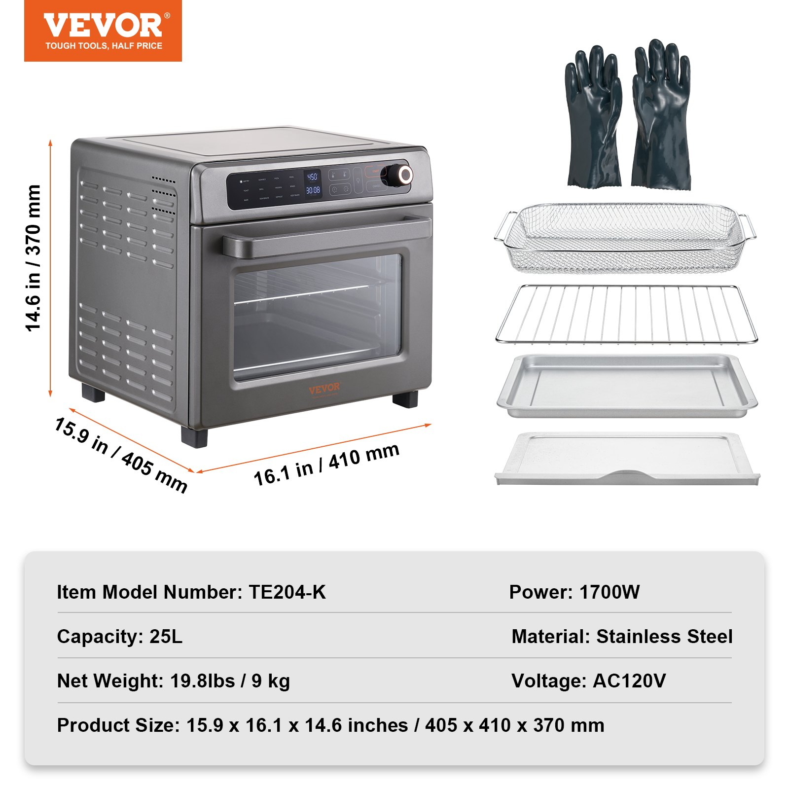 Start2Finish VEVOR 12-in-1 air fryer toaster oven with stainless steel finish, 25L capacity, multiple cooking functions, and accessories.