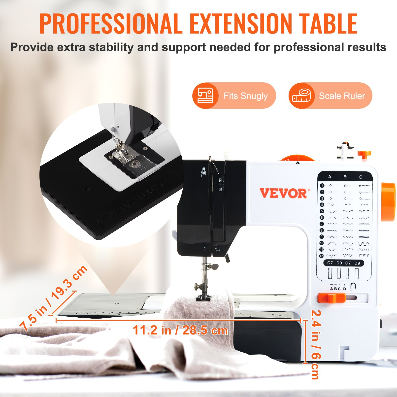 Start2Finish VEVOR portable sewing machine with 38 stitches, reverse sewing, extension table, foot pedal, and accessory kit.