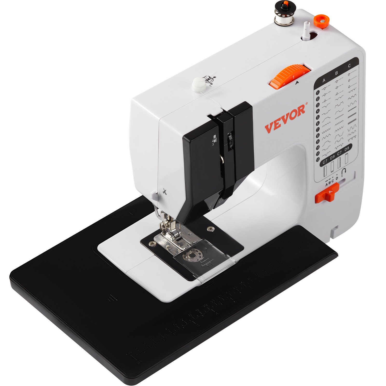 Start2Finish VEVOR portable sewing machine with 38 stitches, reverse sewing, extension table, foot pedal, and accessory kit for home use.
