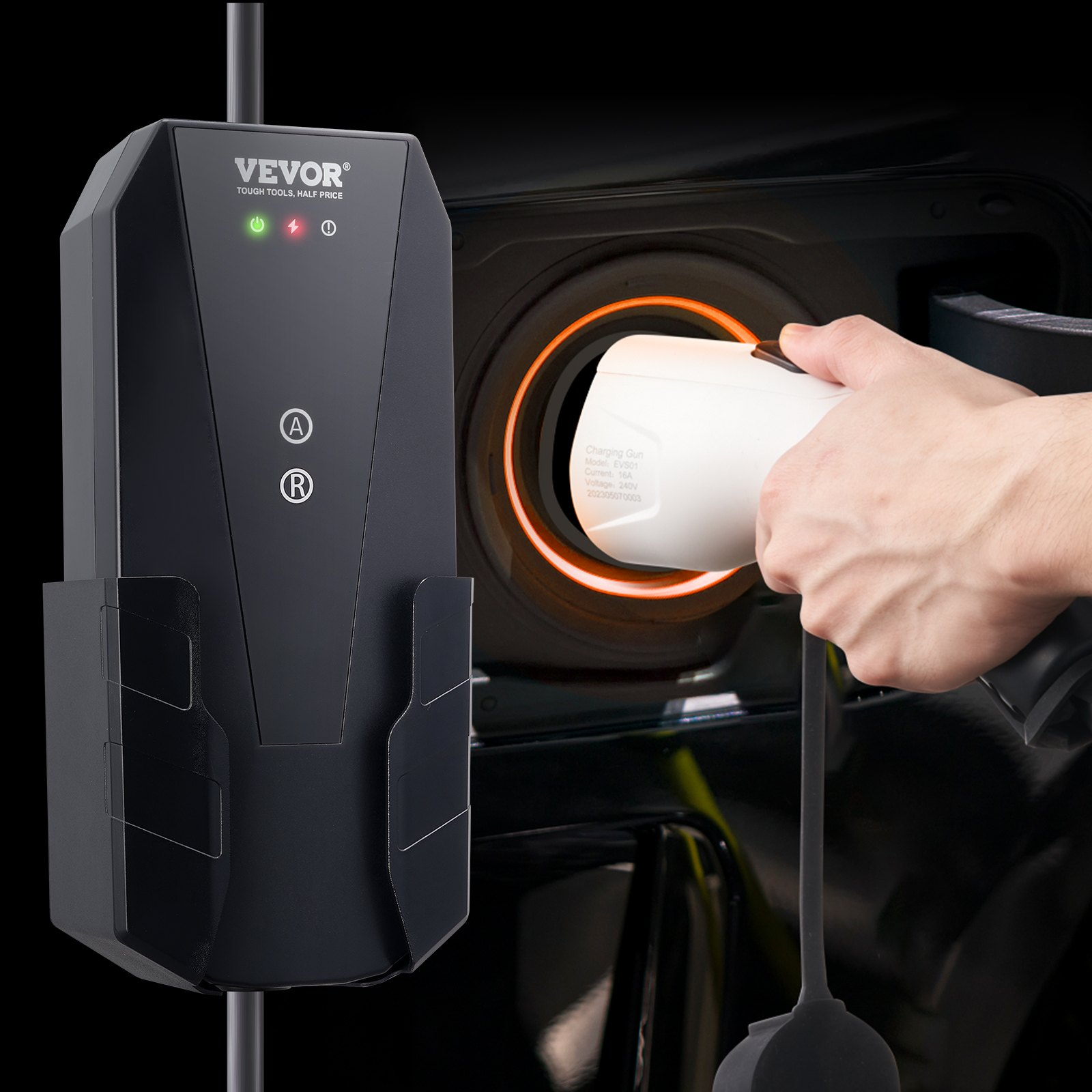 Start2Finish VEVOR Level 1+2 portable EV charger with 28-foot cable, NEMA plugs, suitable for SAE J1772 electric vehicles.