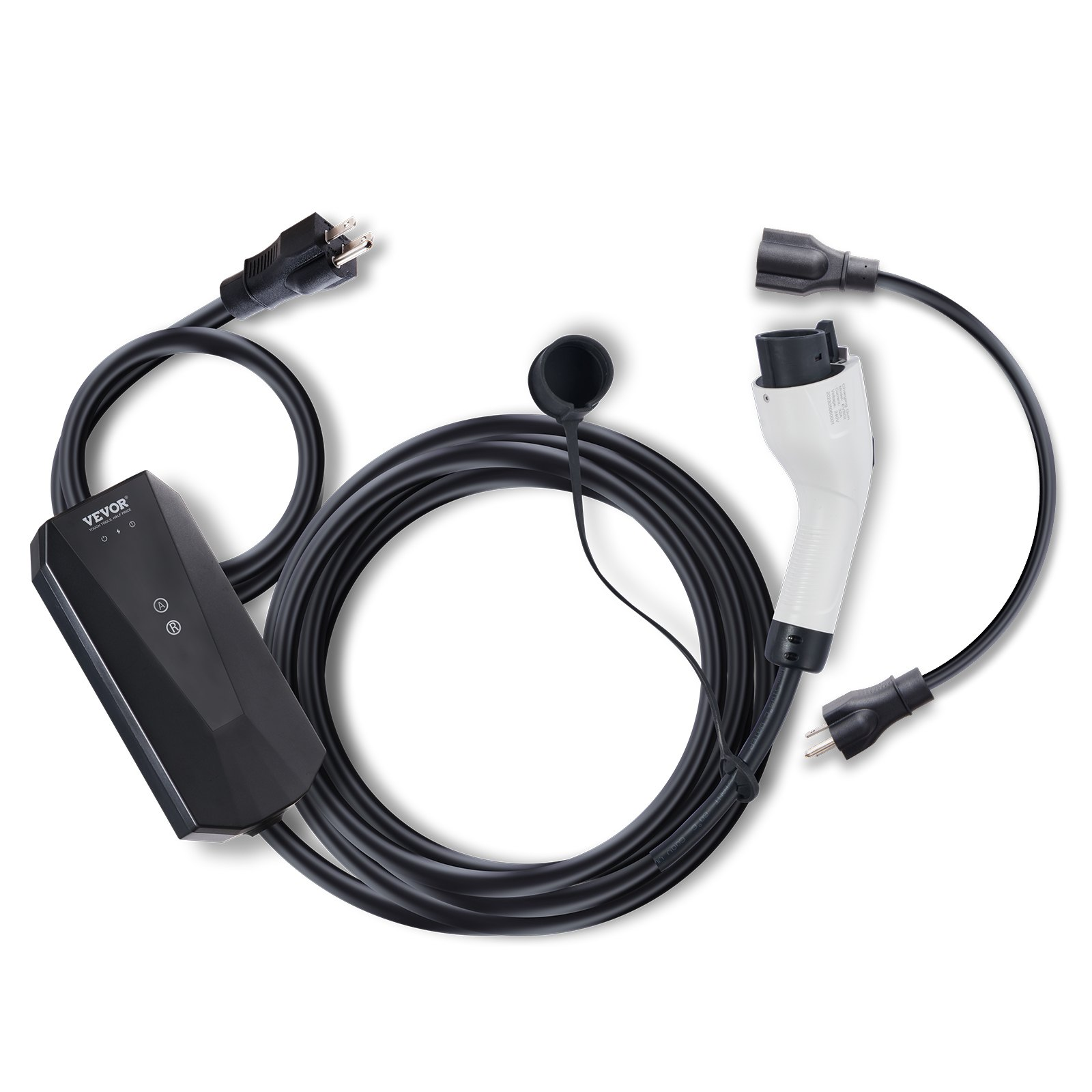 Start2Finish VEVOR Level 1+2 portable EV charger with 28-foot cable, NEMA plugs, for SAE J1772 electric vehicles at home.