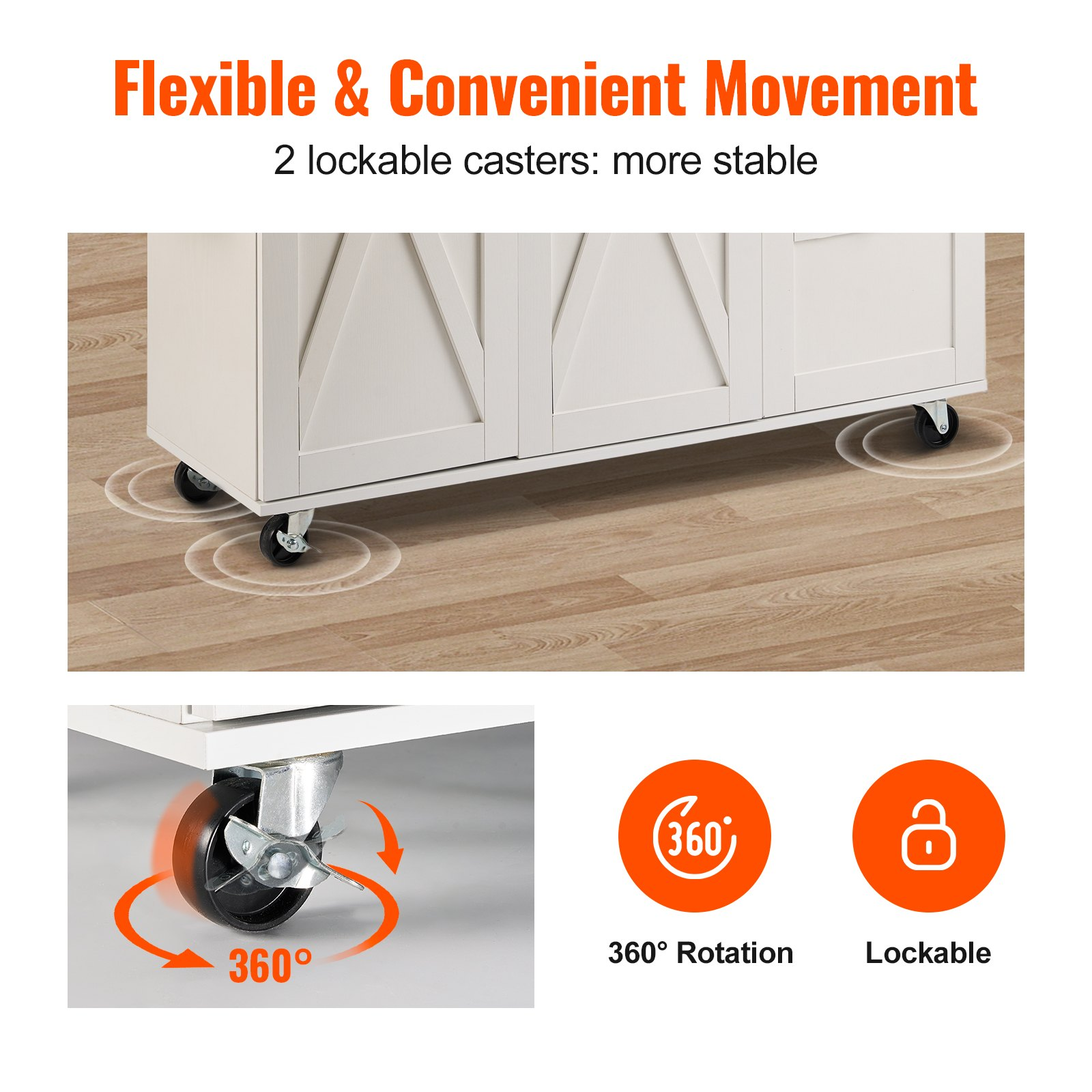 Start2Finish VEVOR kitchen island cart with solid wood top, storage cabinet, spice rack, towel rack, drop leaf, on wheels in white