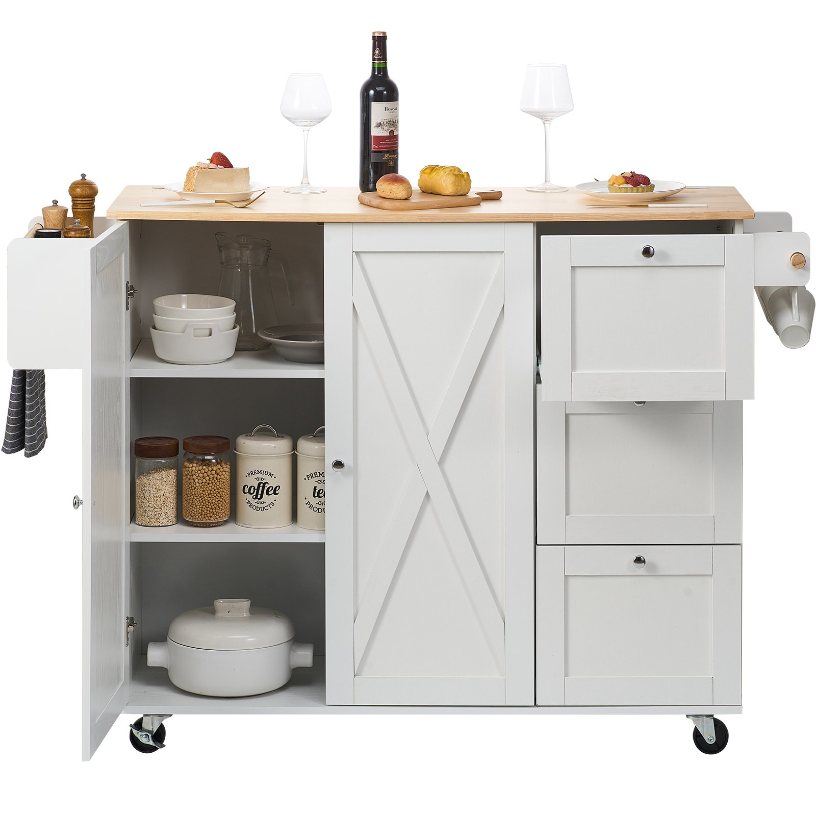 Start2Finish VEVOR kitchen island cart with solid wood top, storage cabinet, spice rack, towel rack, drop leaf, and wheels in white.