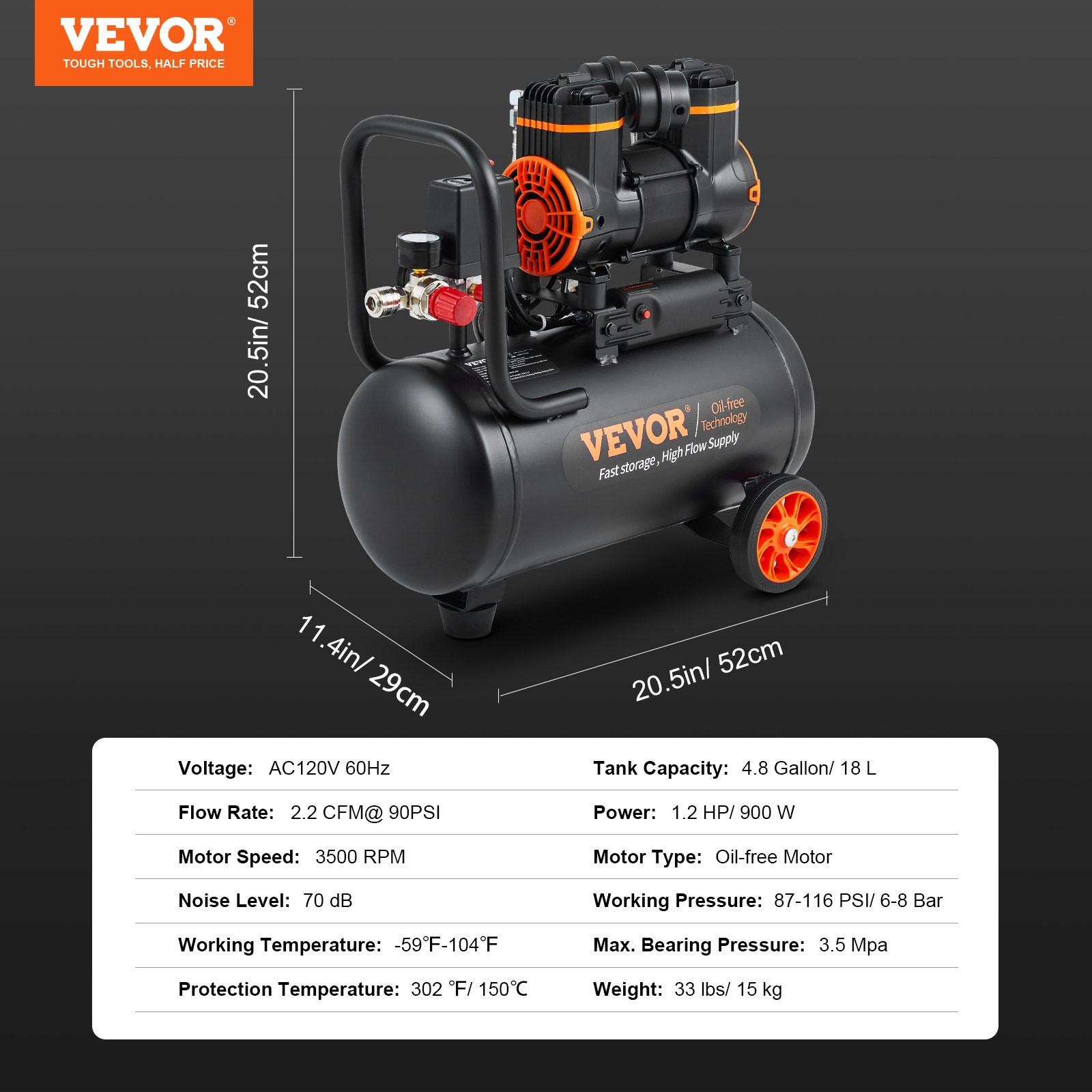 Start2Finish VEVOR 4.8-gallon oil-free air compressor with 1.2HP motor, 116 PSI, and low noise for auto repair and tire inflation.