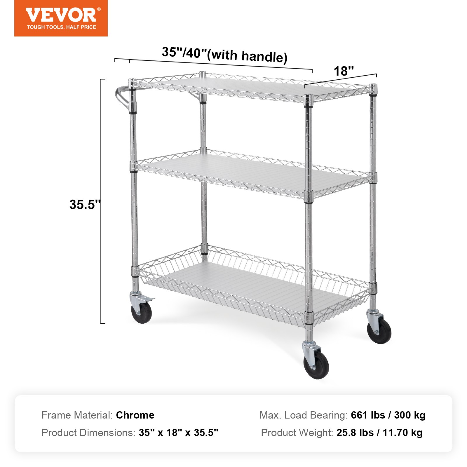 Start2Finish VEVOR kitchen utility cart with 3 wire tiers, steel construction, 661LBS capacity, curved handle, hooks, and PP liner.
