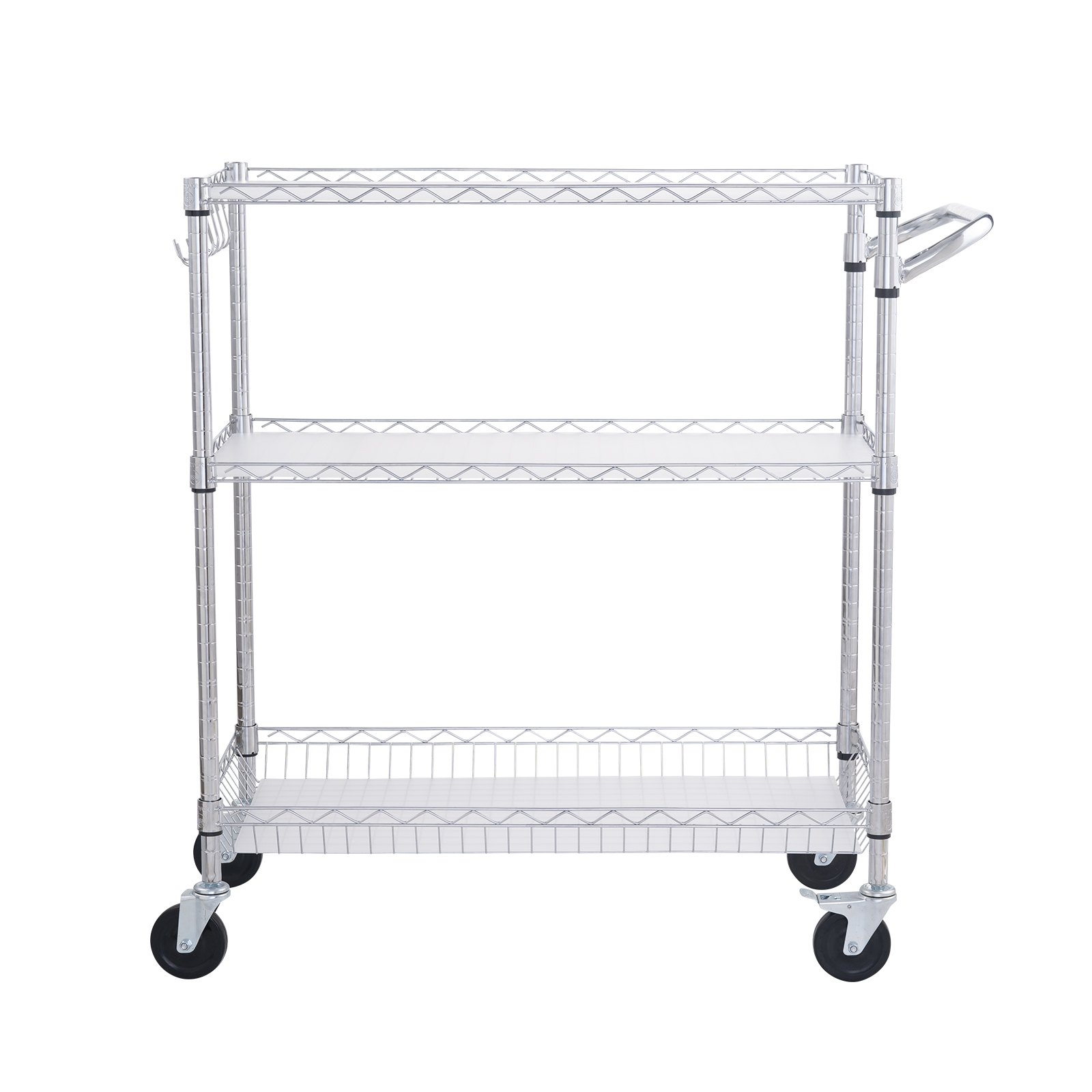 Start2Finish VEVOR kitchen utility cart with three wire tiers, steel construction, curved handle, hooks, and 661LBS capacity.