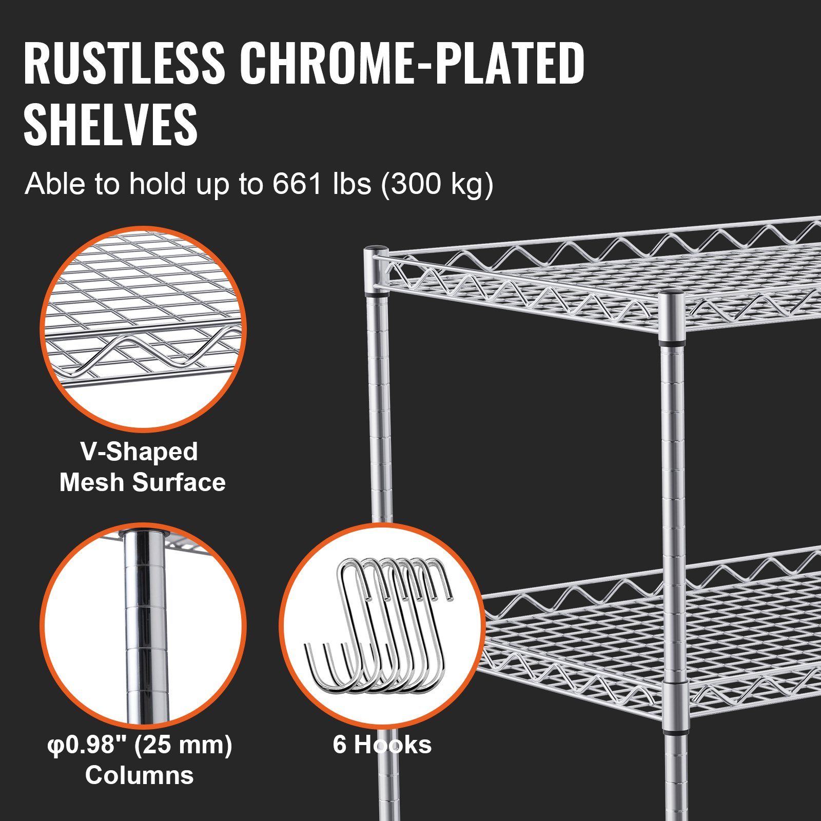 Start2Finish VEVOR kitchen utility cart with three wire shelves, steel construction, curved handle, hooks, and 661LBS capacity.