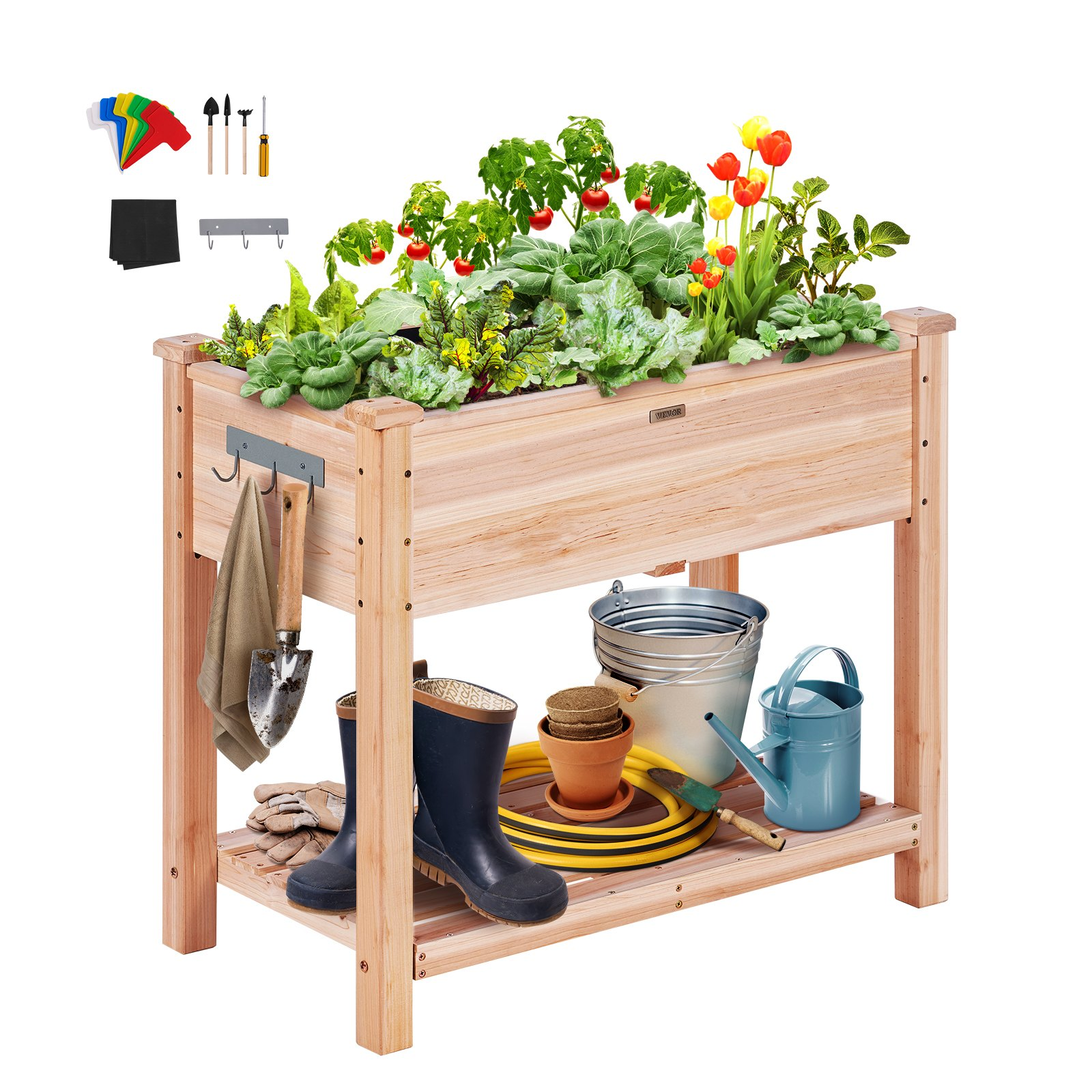 Start2Finish VEVOR raised garden bed, 34x18x30-inch wooden planter box with legs for outdoor flowers, vegetables, and herbs.