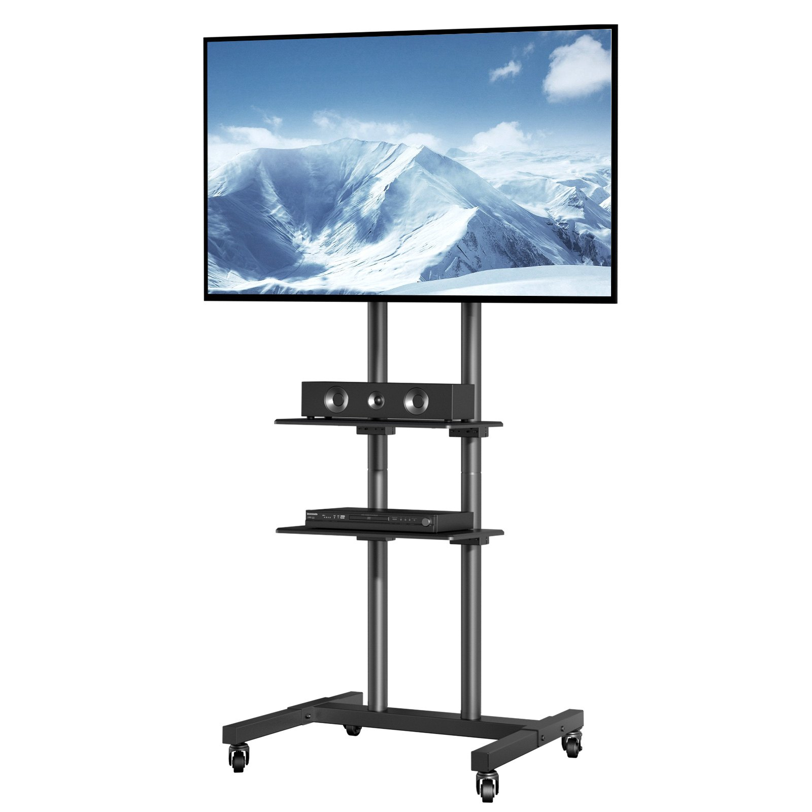 Start2Finish VEVOR mobile TV stand with adjustable height, wheels, double tray for AV devices, suitable for 32 to 70 inch TVs.