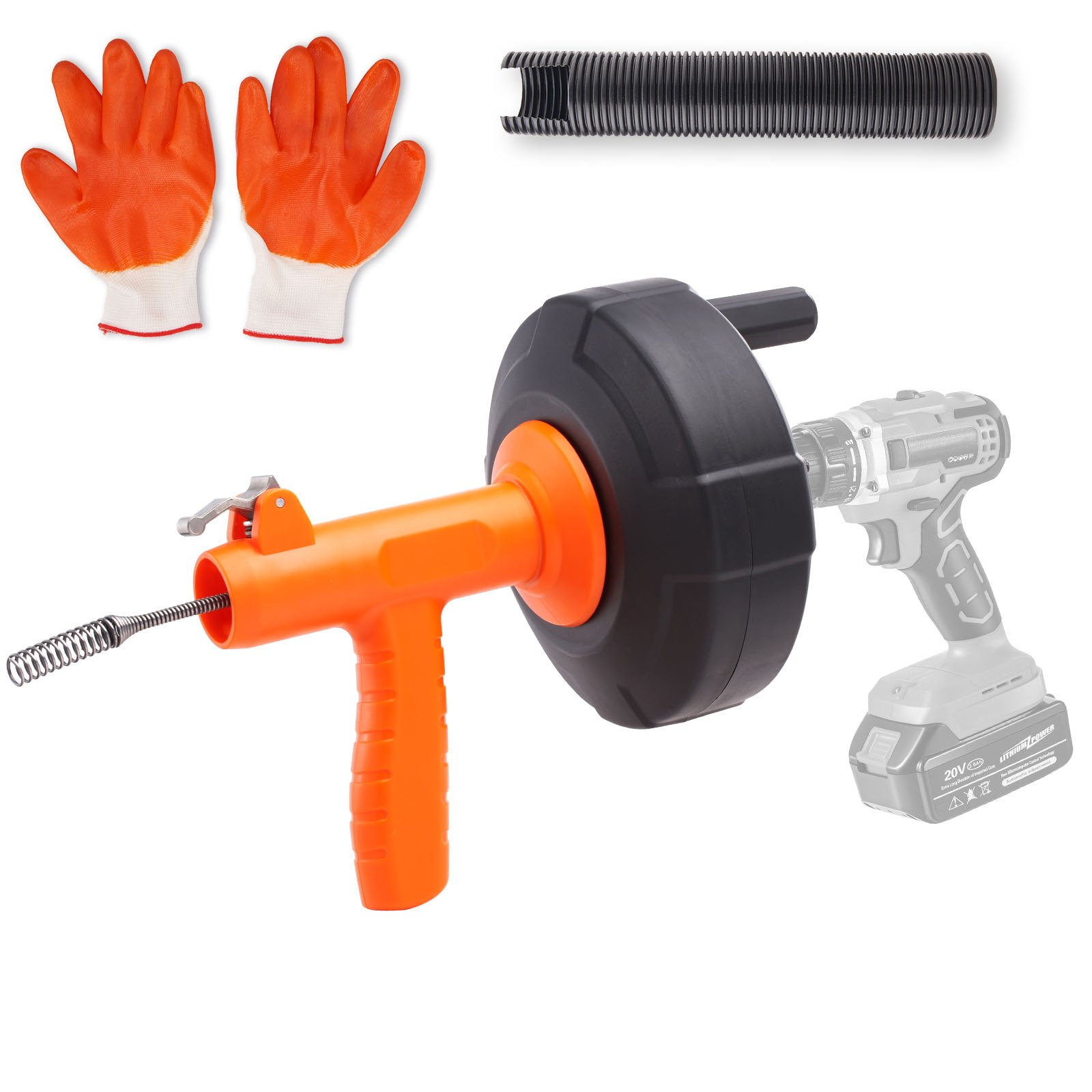 Start2Finish VEVOR 25Ft drain auger plumbing snake with drill attachment, protective hose, gloves for clearing kitchen and bathroom drains.