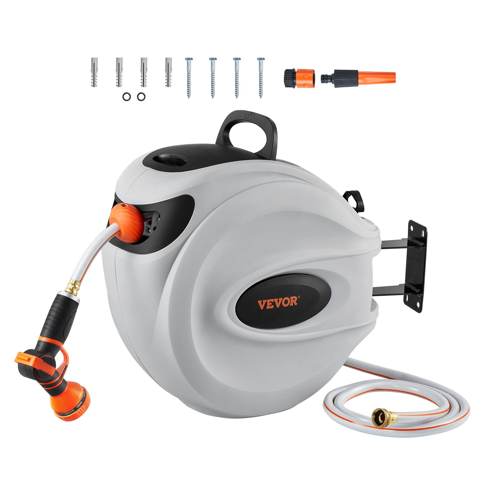 Start2Finish VEVOR garden hose reel with 130 ft retractable hose, 180° swivel, 9-pattern nozzle, automatic rewind, wall-mounted.