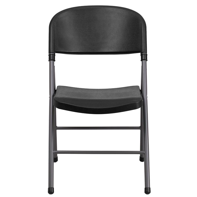 Two black plastic folding chairs with charcoal frames from the HERCULES Series, each with a 330 lb. capacity, stacked side by side.