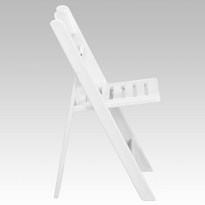 Two white resin folding chairs from Hercules Series with slatted seats and 1000 lb. capacity, ideal for events and gatherings.