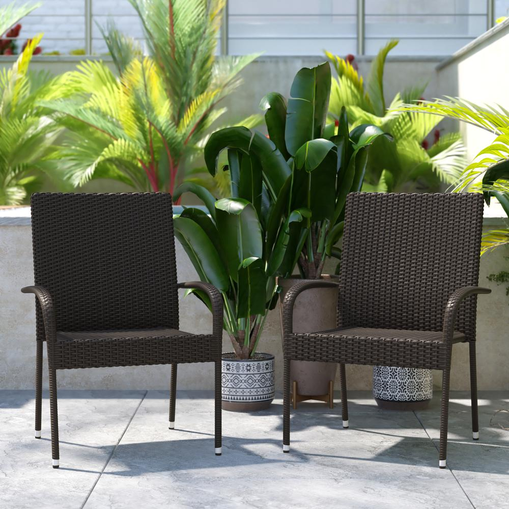 Stackable indoor/outdoor wicker dining chairs with arms, espresso finish, weather-resistant steel frames, by Start2Finish.