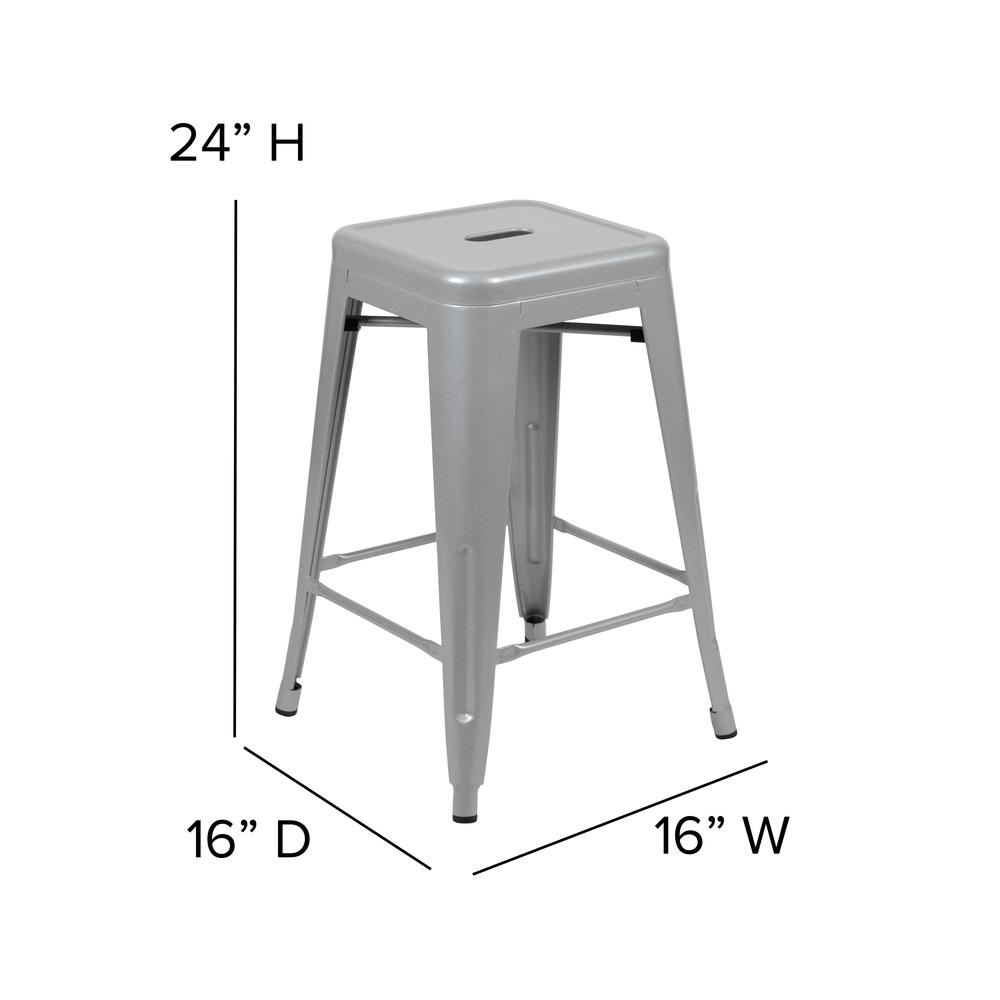 Set of 4 Start2Finish commercial silver metal counter height stools with backless design and gray all-weather poly resin seats