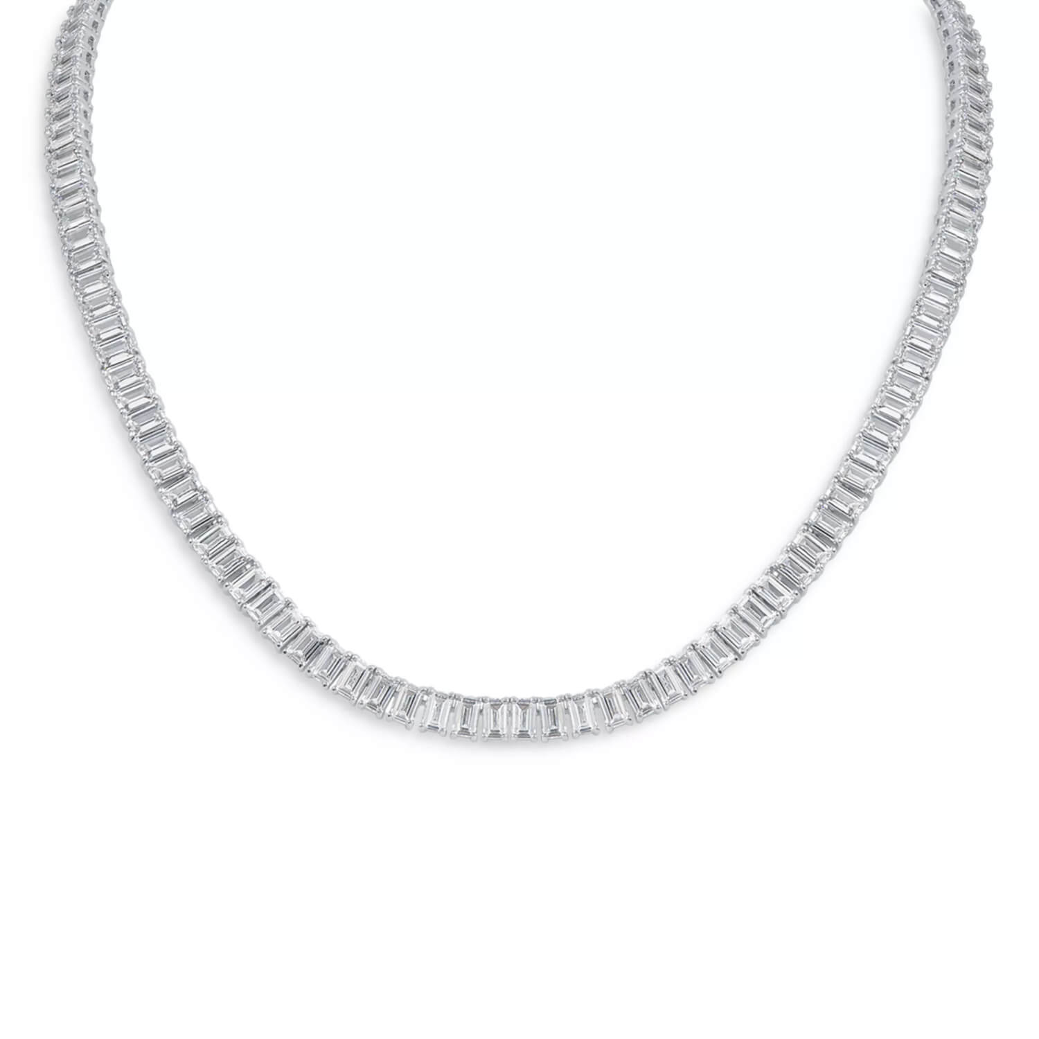 18-inch emerald-cut created moissanite tennis necklace in 14K gold overlay with 30 carats total weight, displayed on a jewelry stand.