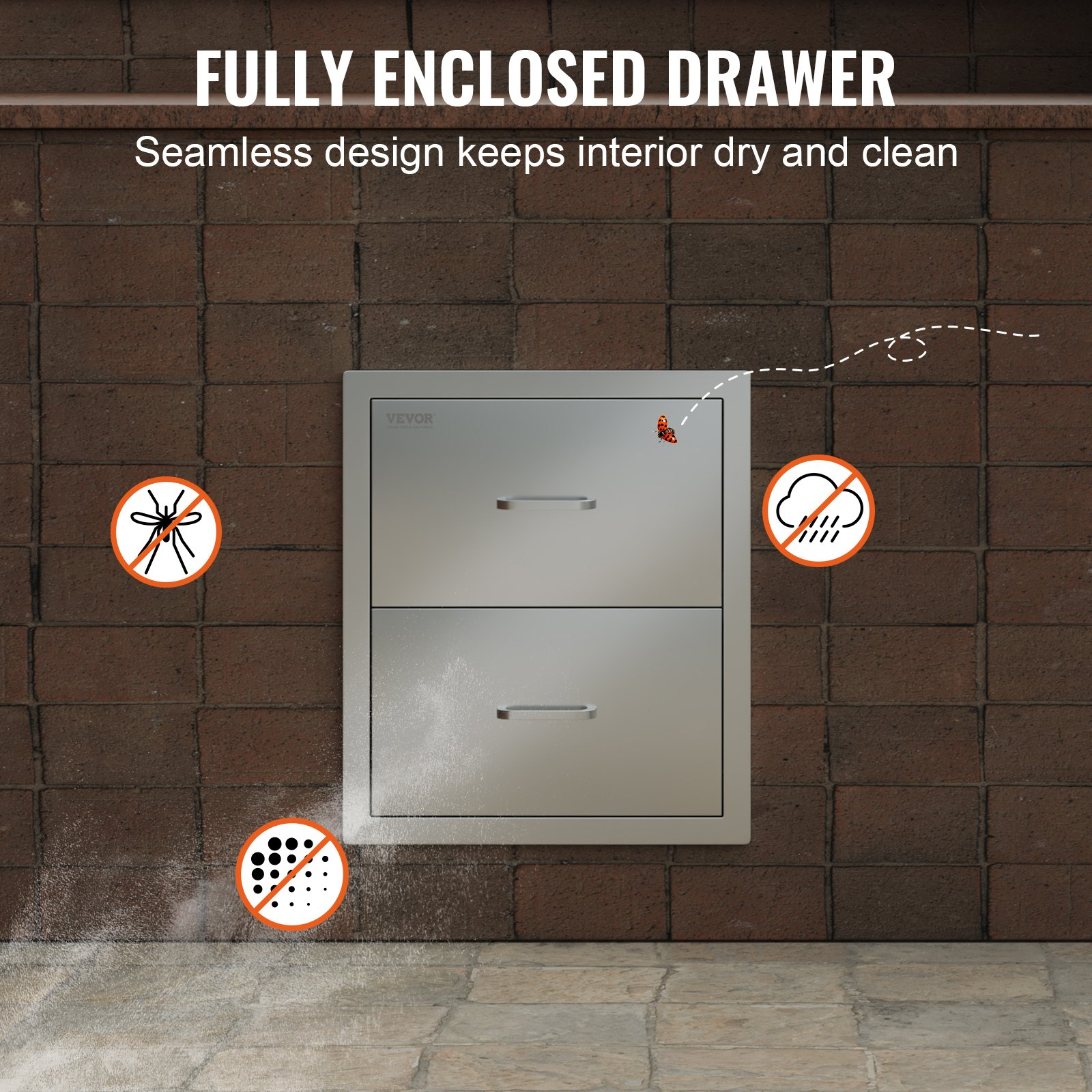 Start2Finish VEVOR outdoor kitchen stainless steel double BBQ drawers with handles, flush mount design for patio grill stations.