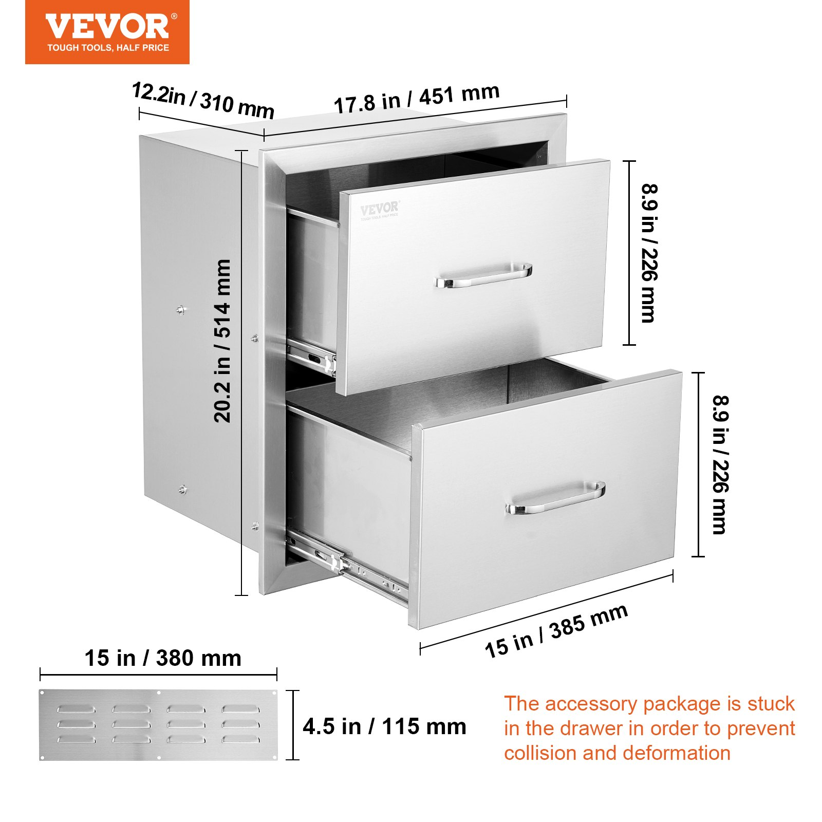 Start2Finish VEVOR outdoor kitchen stainless steel double BBQ drawers with handles, flush mount design for patio grill stations.