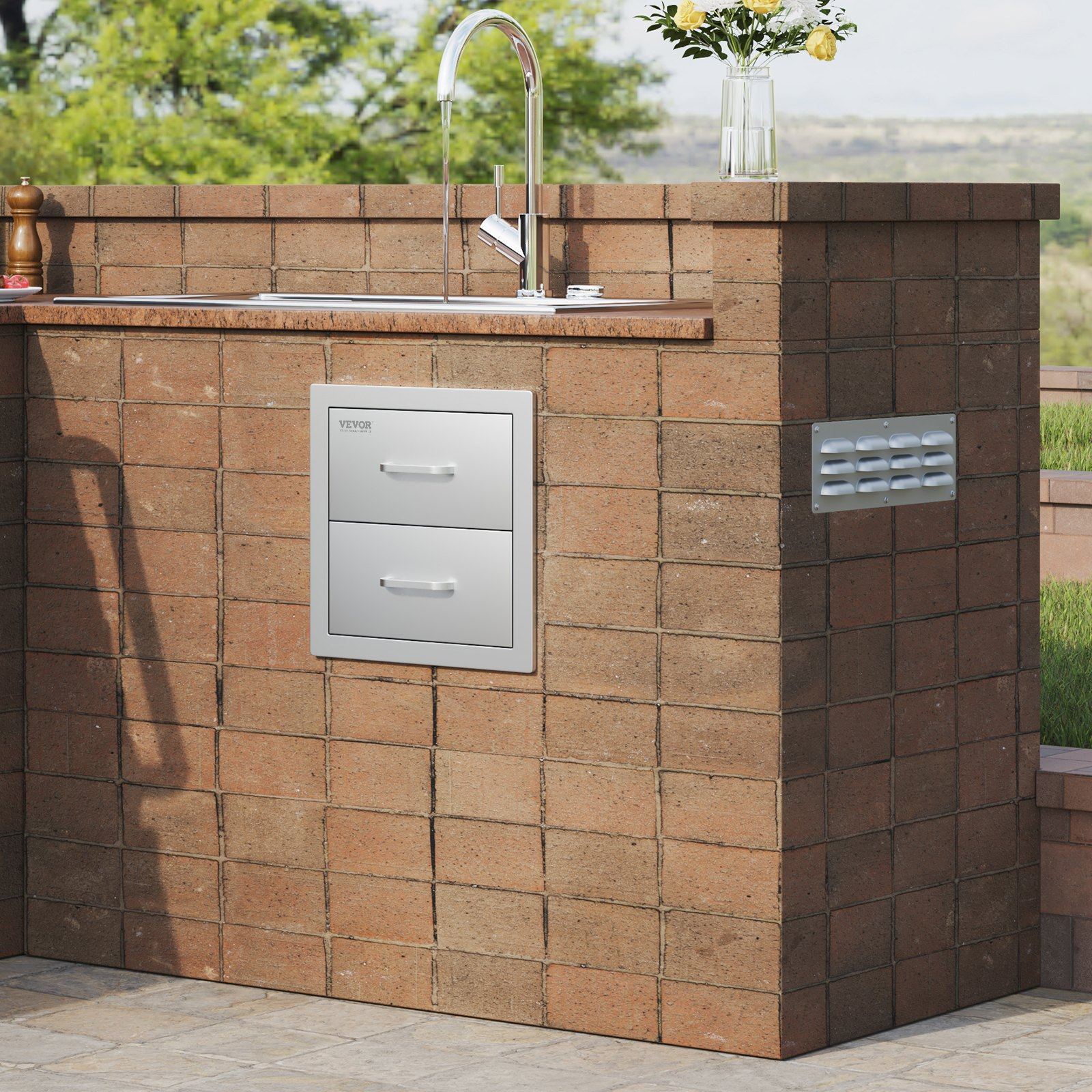 Stainless steel outdoor kitchen drawers with handle, flush mount double BBQ drawers for grill stations or outdoor kitchens.