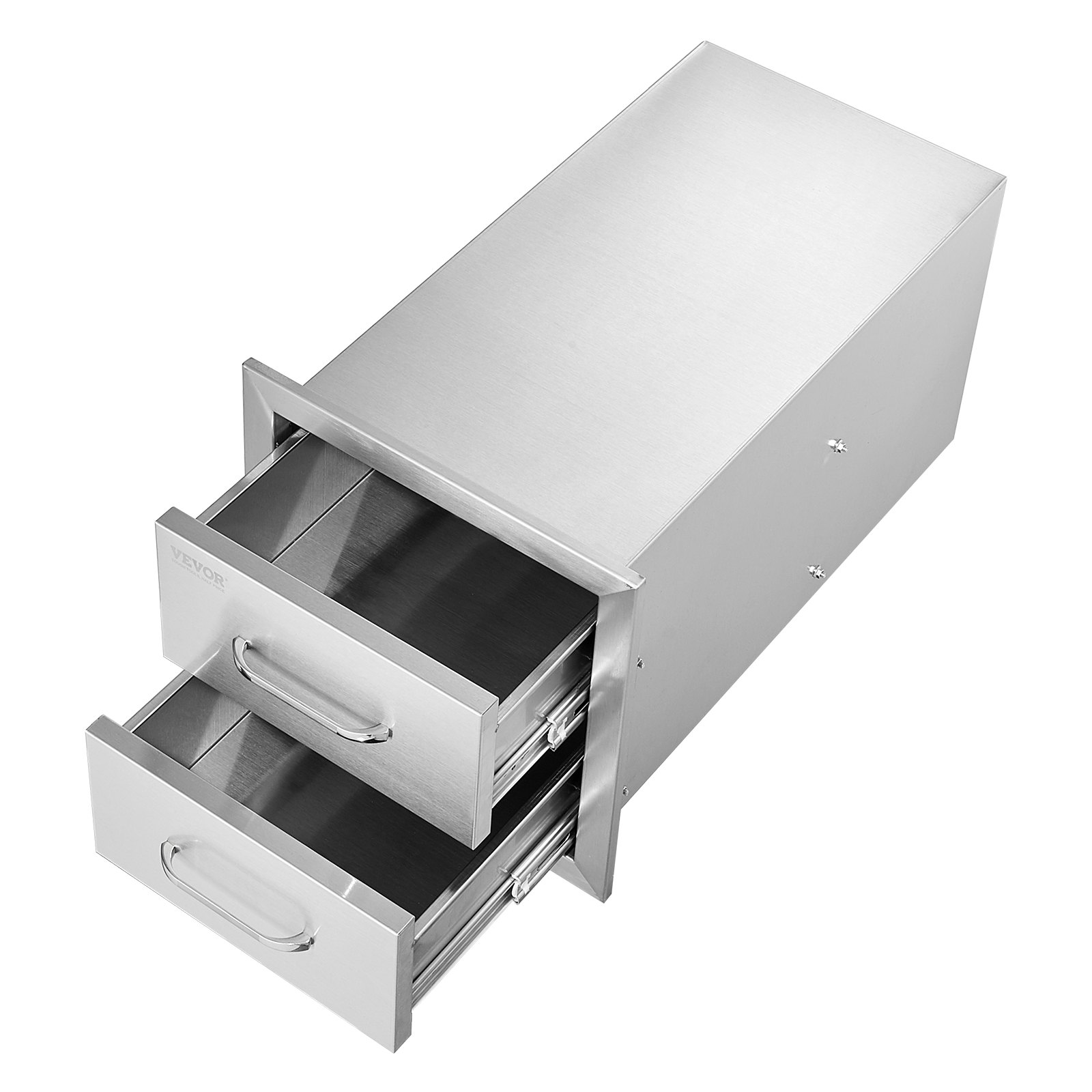 Stainless steel outdoor kitchen drawers with handles, 14W x 14.4H x 23D inches, ideal for BBQ island or outdoor grill station.