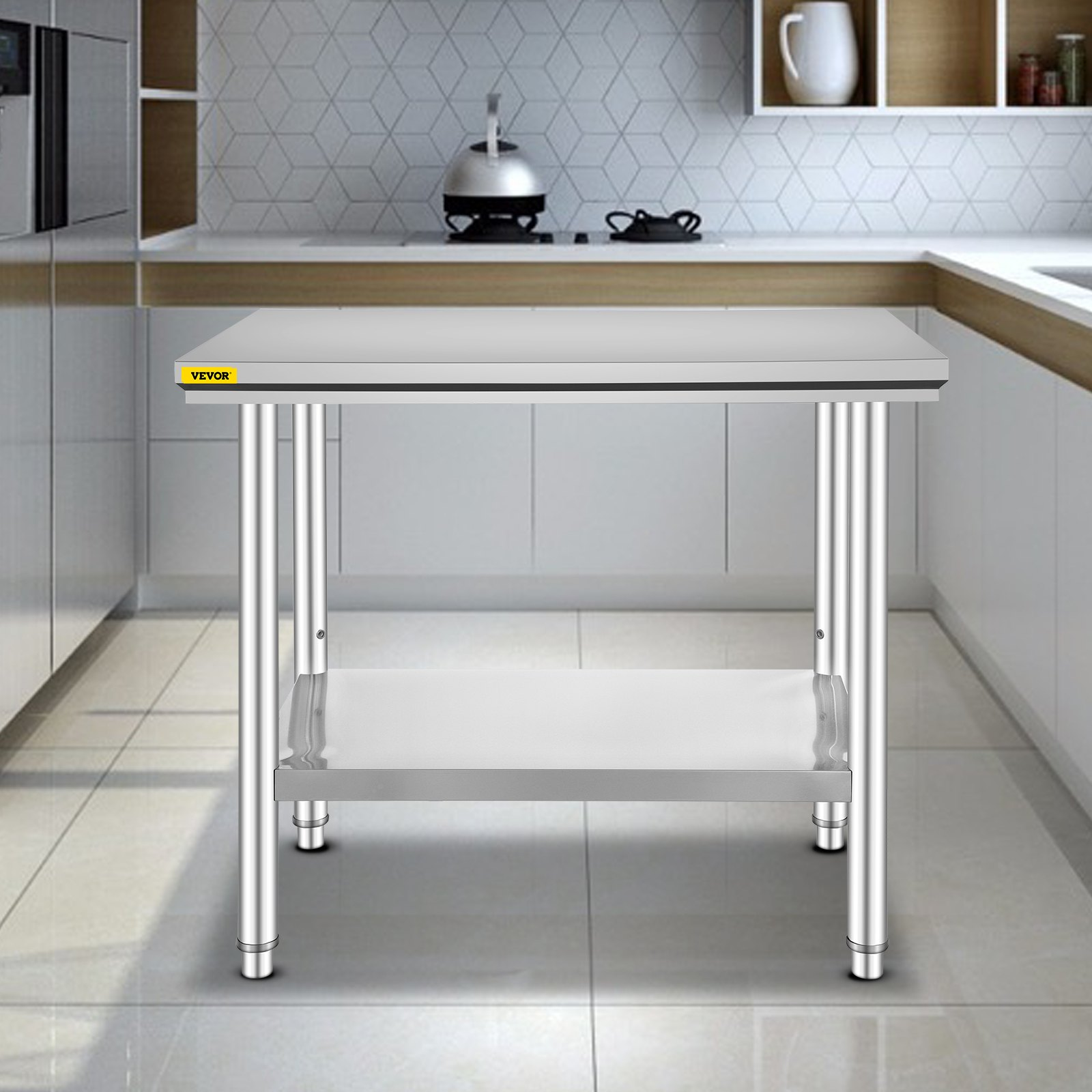 Start2Finish stainless steel prep table with three adjustable height levels, heavy-duty work surface for commercial kitchens or garages.