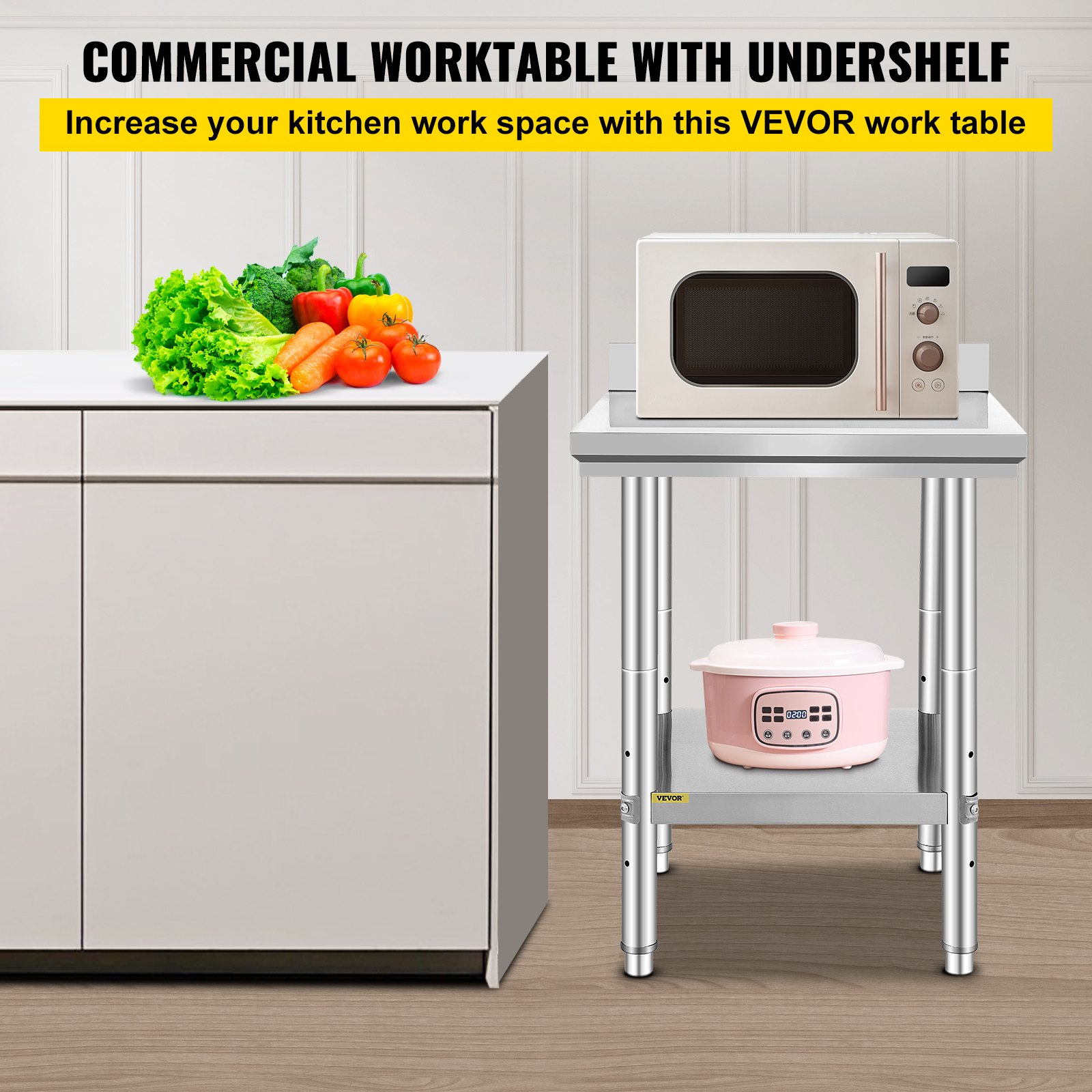 Start2Finish stainless steel work table with adjustable height, 24x24x35 inches, ideal for restaurant, home, or hotel food prep.