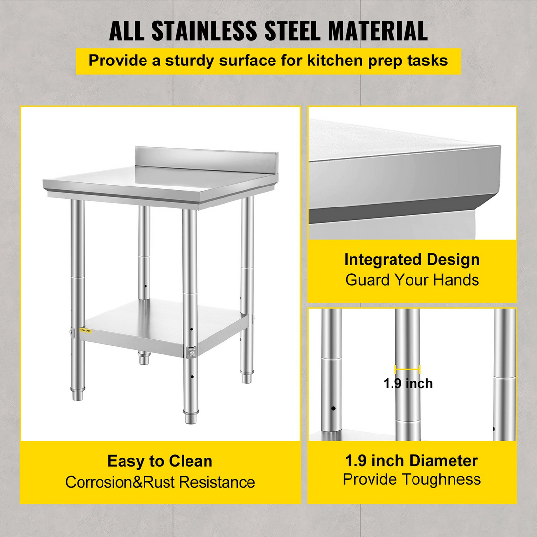 Stainless steel VEVOR 24x24x35 inch commercial work table with adjustable height, heavy-duty metal prep table for kitchen use.