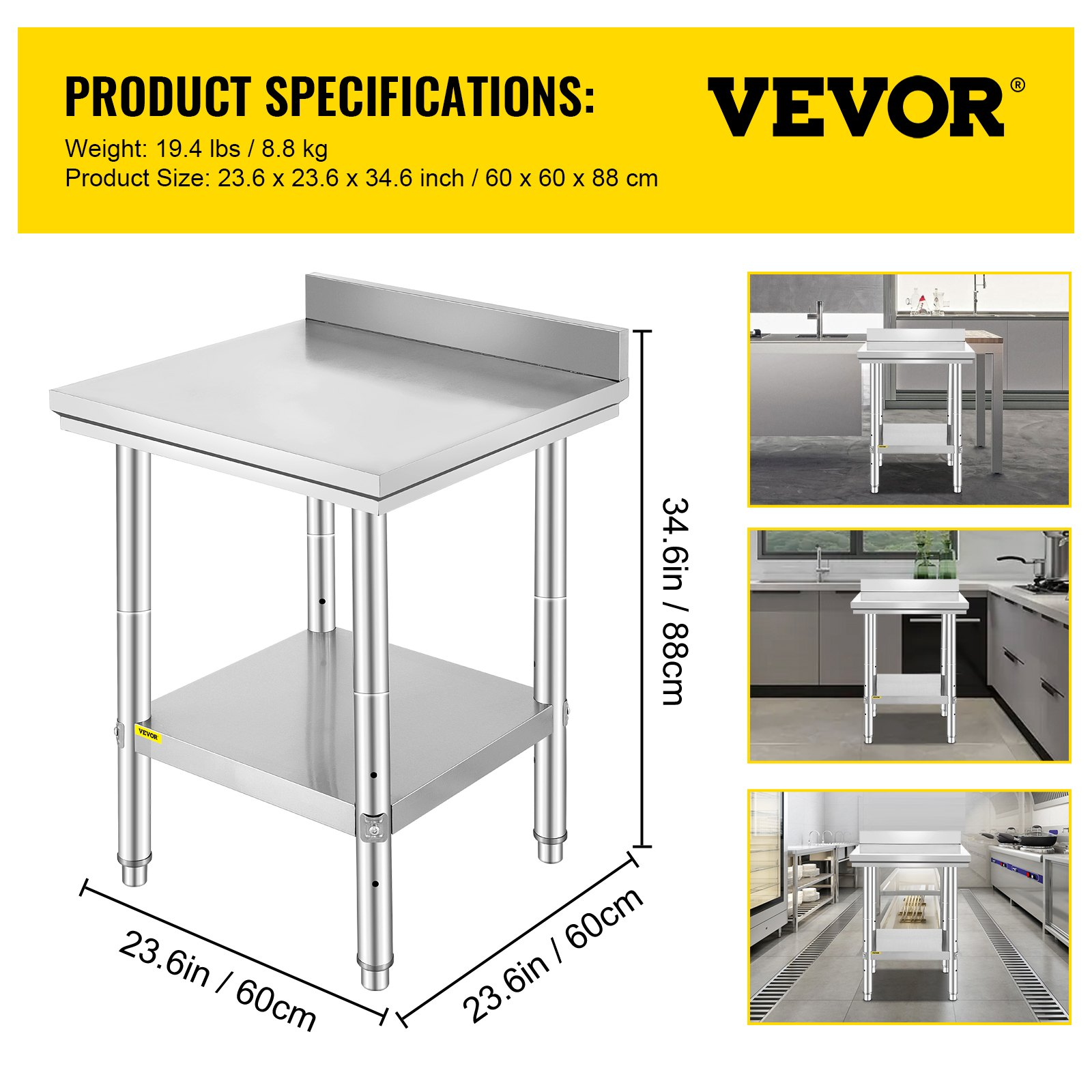 Stainless steel Start2Finish work table with adjustable height, commercial kitchen prep surface, 24x24x35 inches, heavy-duty construction