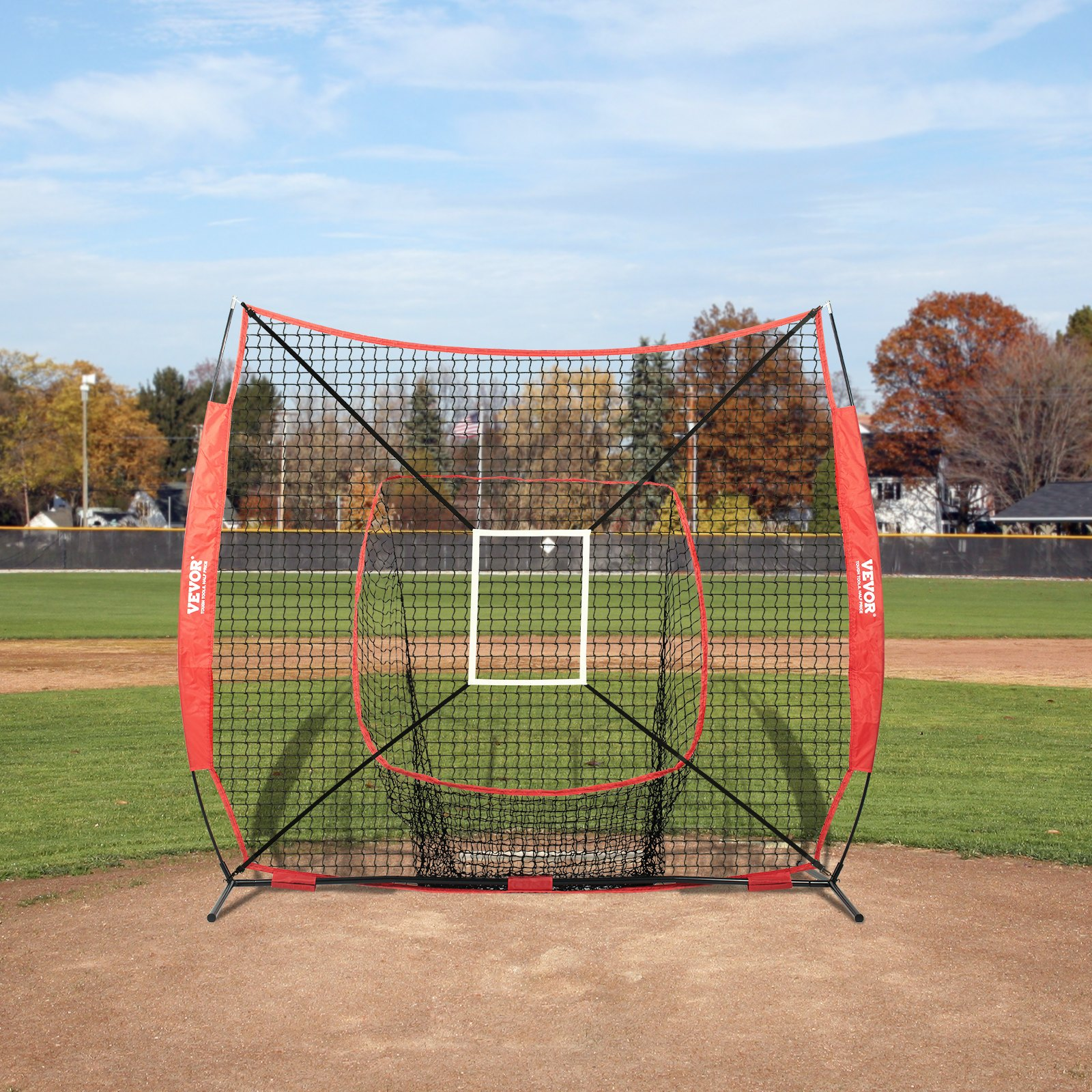 Start2Finish VEVOR 7x7 ft baseball practice net with bow frame, carry bag, strike zone, ball, and batting tee for training and hitting.