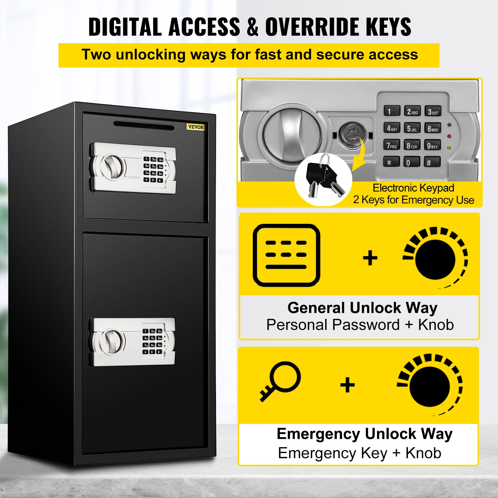 Start2Finish VEVOR large double door steel security safe with digital lock, black safe box for money, jewelry, and valuables.