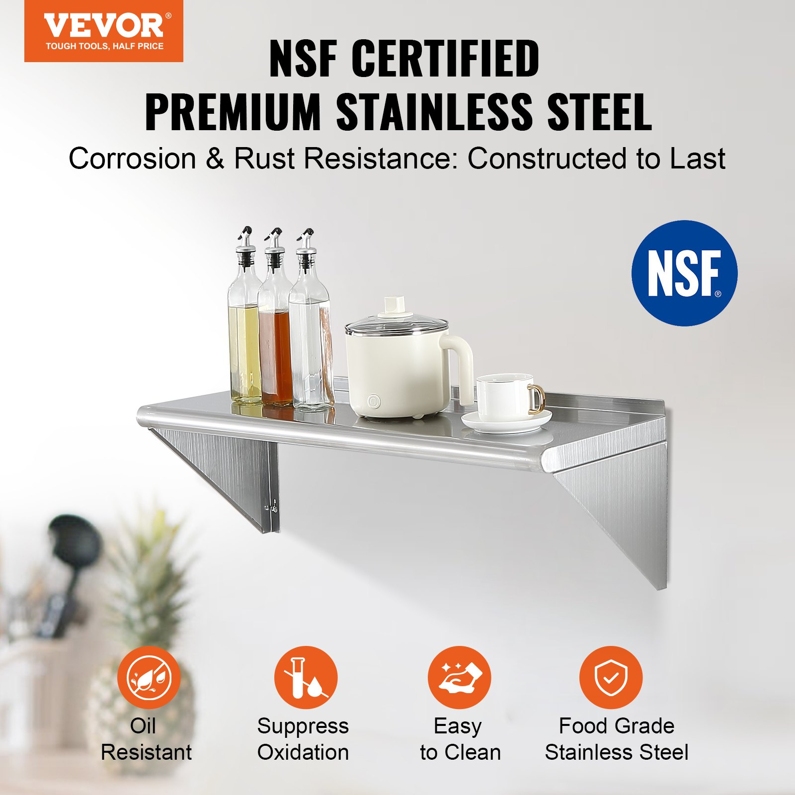 Start2Finish VEVOR 12x36-inch stainless steel wall-mounted shelf with brackets, heavy-duty storage for kitchen, restaurant, or bar.
