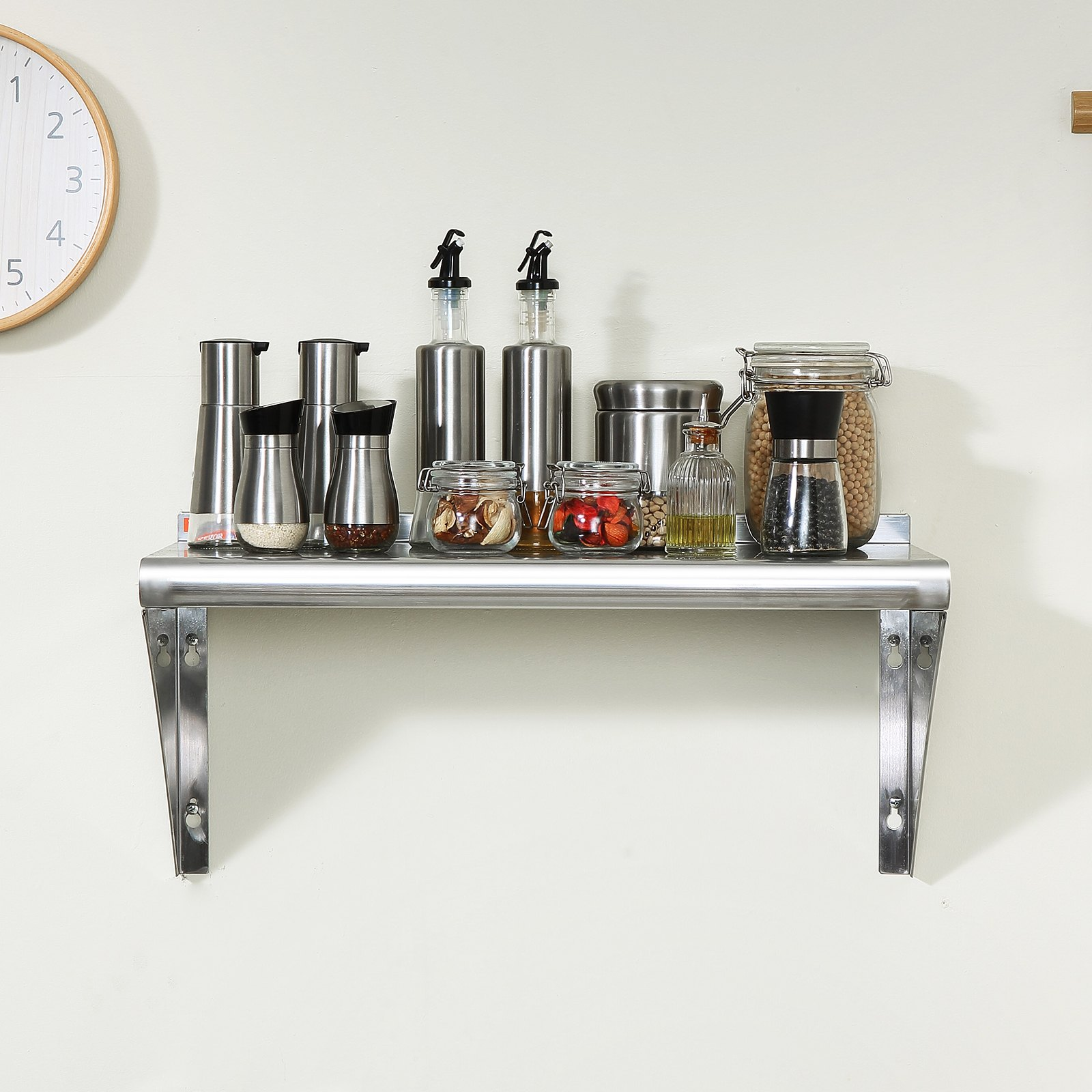 Start2Finish stainless steel wall-mounted shelf with brackets, 12x36 inches, heavy-duty floating storage rack for kitchen, restaurant, or bar.