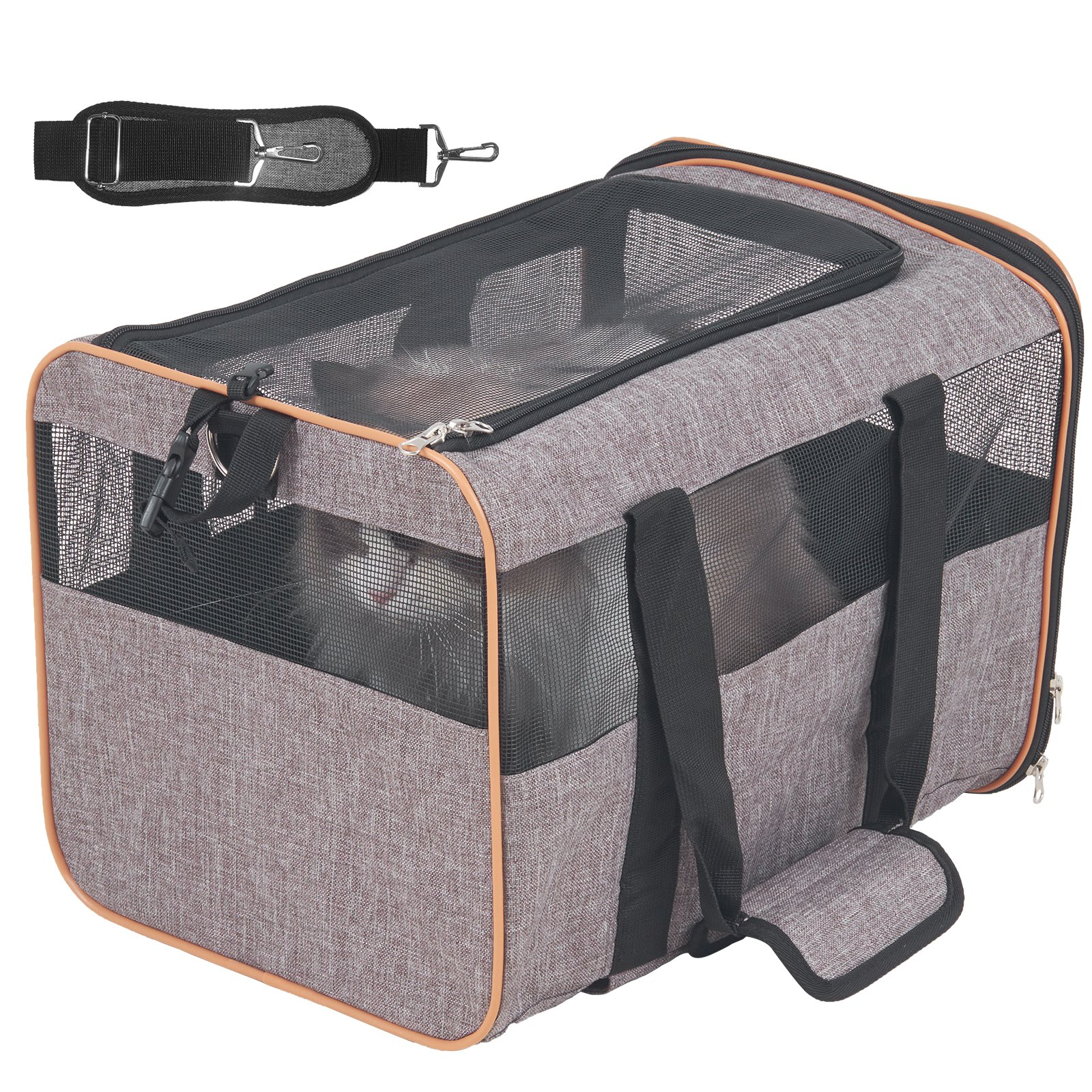 Start2Finish VEVOR grey cat carrier with wheels, airline approved rolling pet carrier, telescopic handle, shoulder strap, and folding bowl