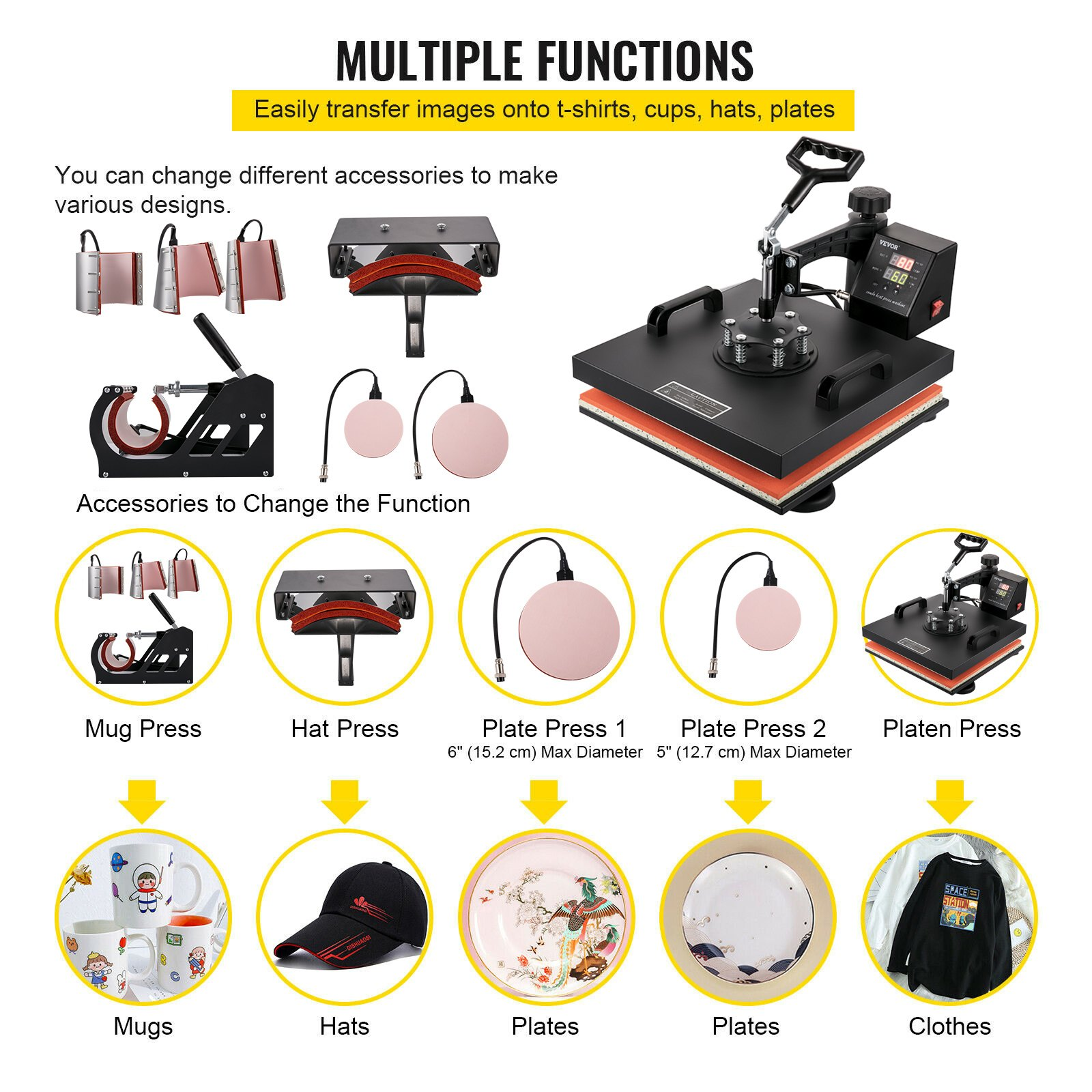 Start2Finish VEVOR 8-in-1 15x15 inch heat press machine with swing-away design for sublimation, vinyl, and heat transfer projects.