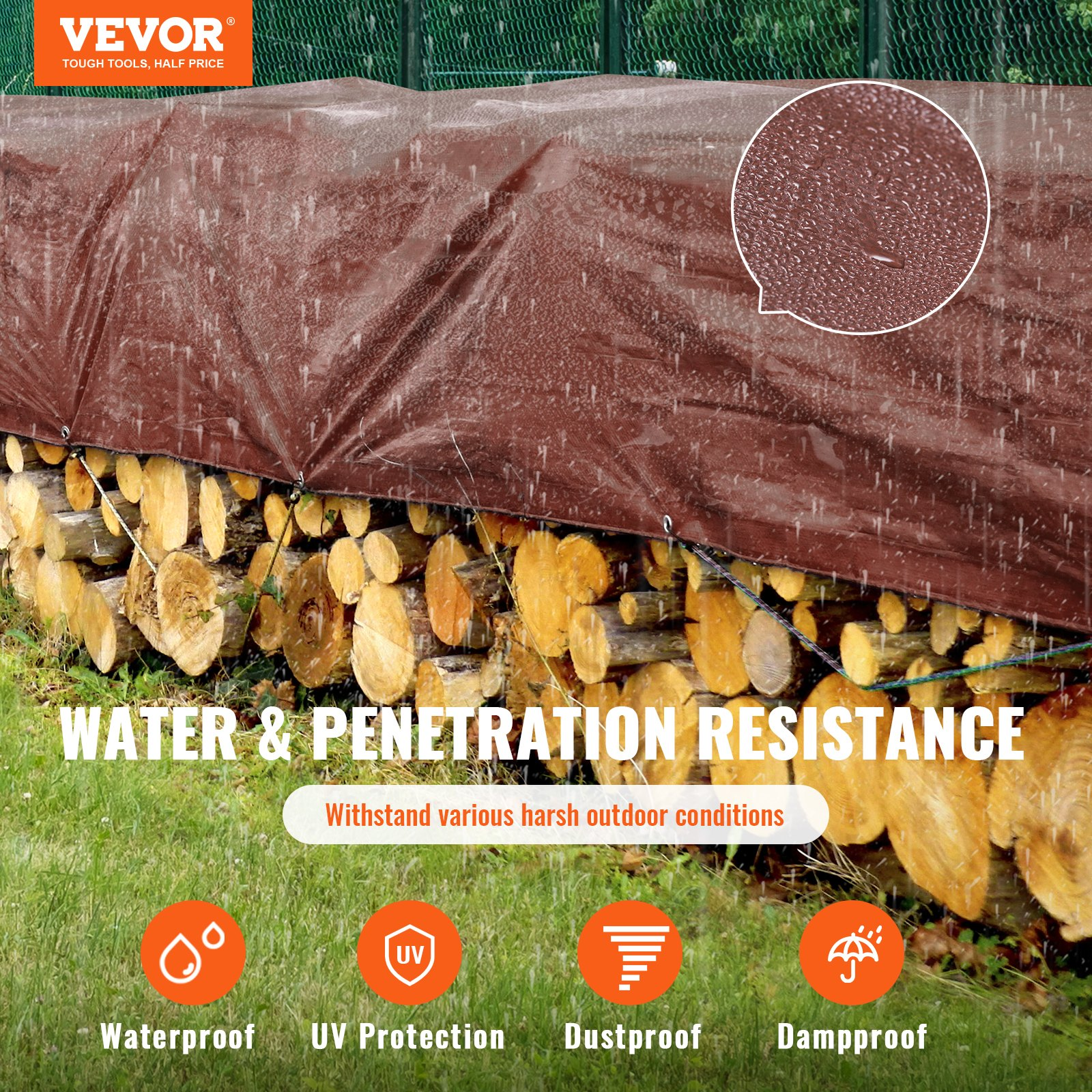 Start2Finish VEVOR 20x40 ft waterproof brown poly tarp with grommets and reinforced edges, ideal for outdoor truck, RV, boat, or camping covers.