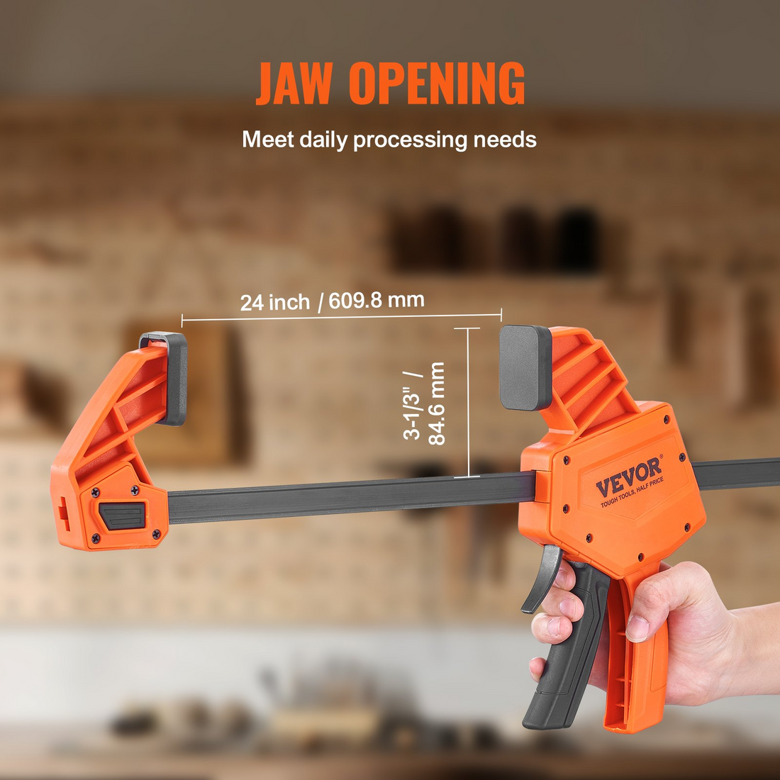 Start2Finish VEVOR 24-inch wood and metalworking bar clamps, quick-change F clamps with 300 lbs load, high-strength plastic and steel.