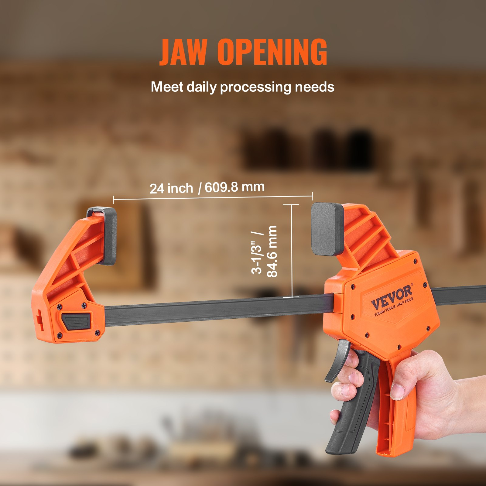 Start2Finish VEVOR 24-inch wood and metalworking bar clamps, quick-change F clamps with 300 lbs load, high-strength plastic and steel.