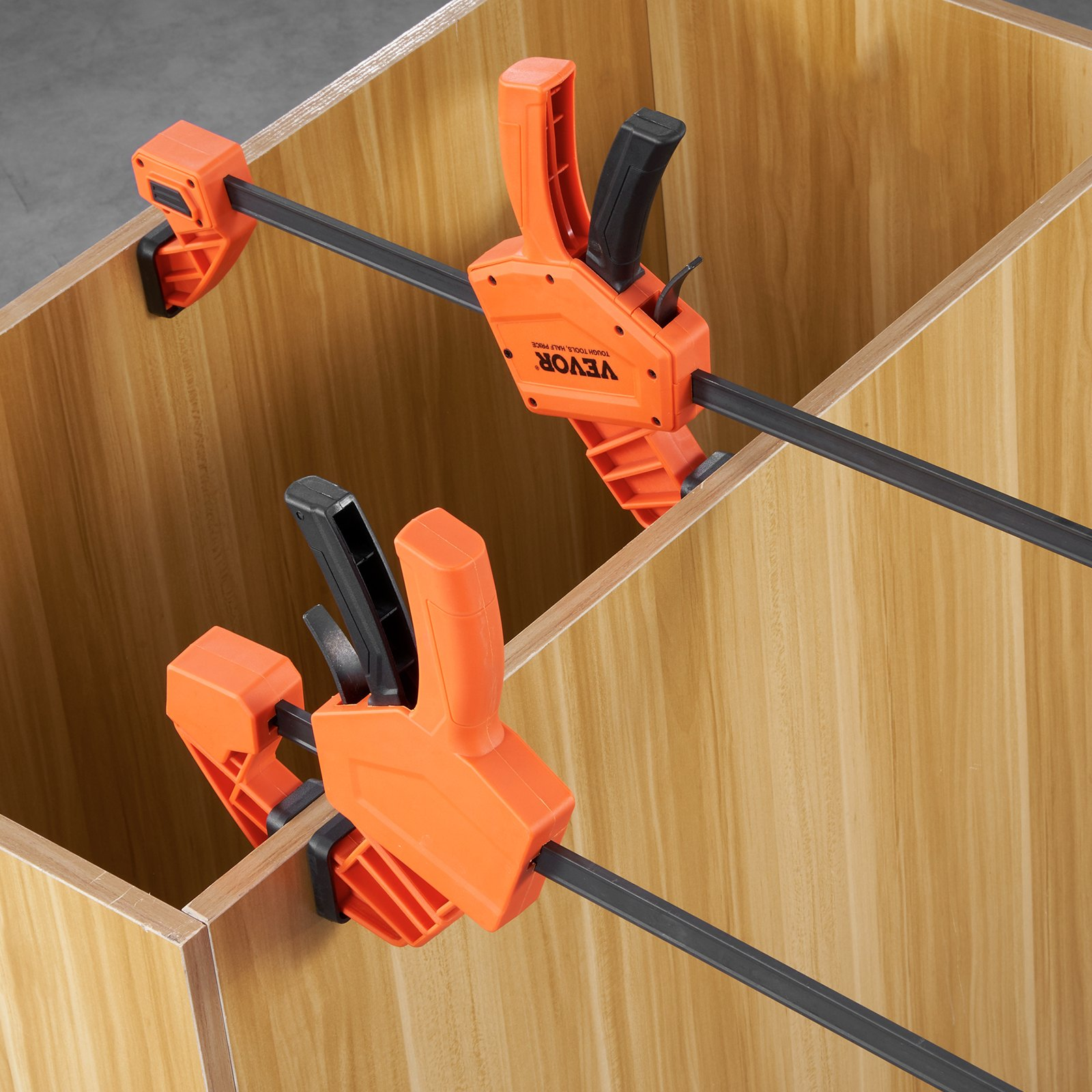 Start2Finish VEVOR woodworking bar clamps, 24-inch F clamps with quick-change head, high-strength plastic and steel, 2-pack.