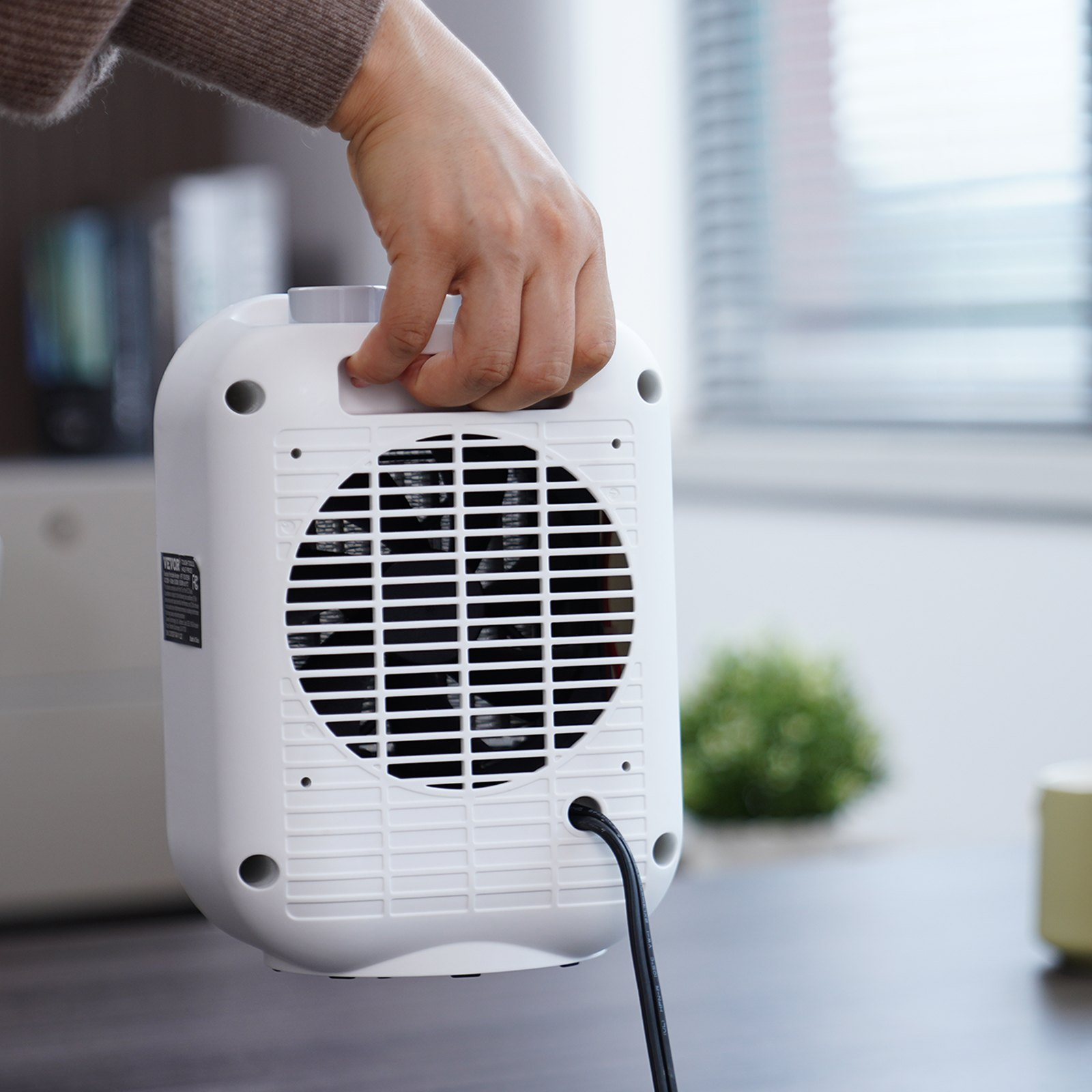 Start2Finish VEVOR portable electric ceramic space heater with thermostat, 1500W, 2-level adjustable fan, for indoor office or desk use.