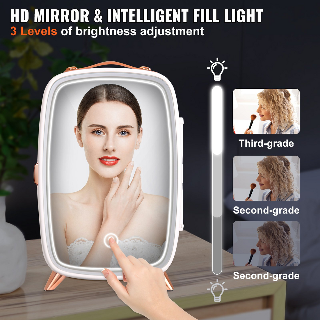 White Vevor mini fridge for beauty with mirror and LED light, ideal for skincare, makeup, and beverages in bedroom or office.