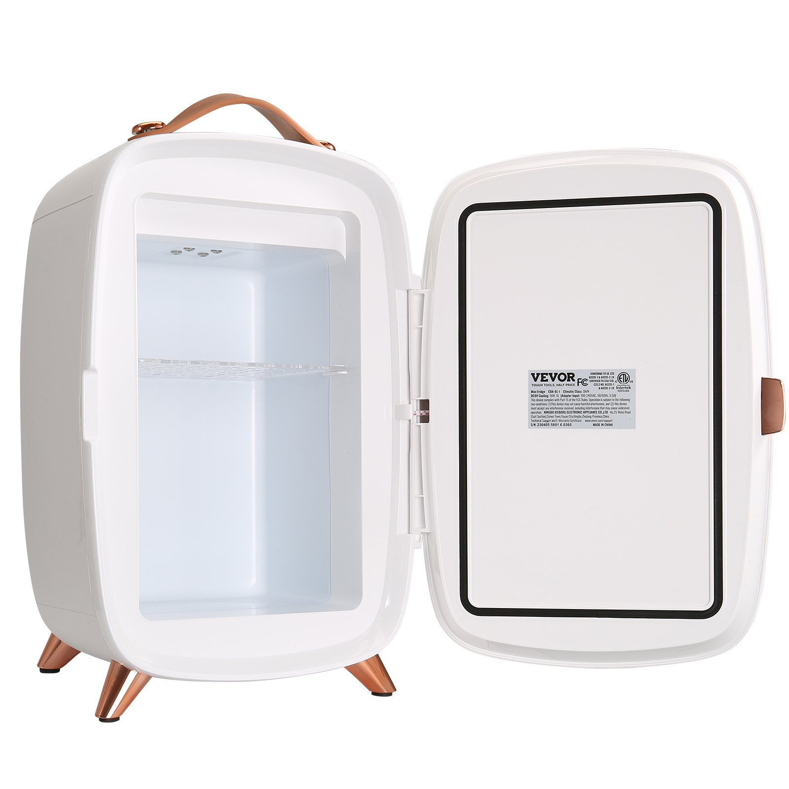 Start2Finish Vevor mini beauty fridge with mirror, LED light, white compact design, ideal for skincare, makeup, and beverages.
