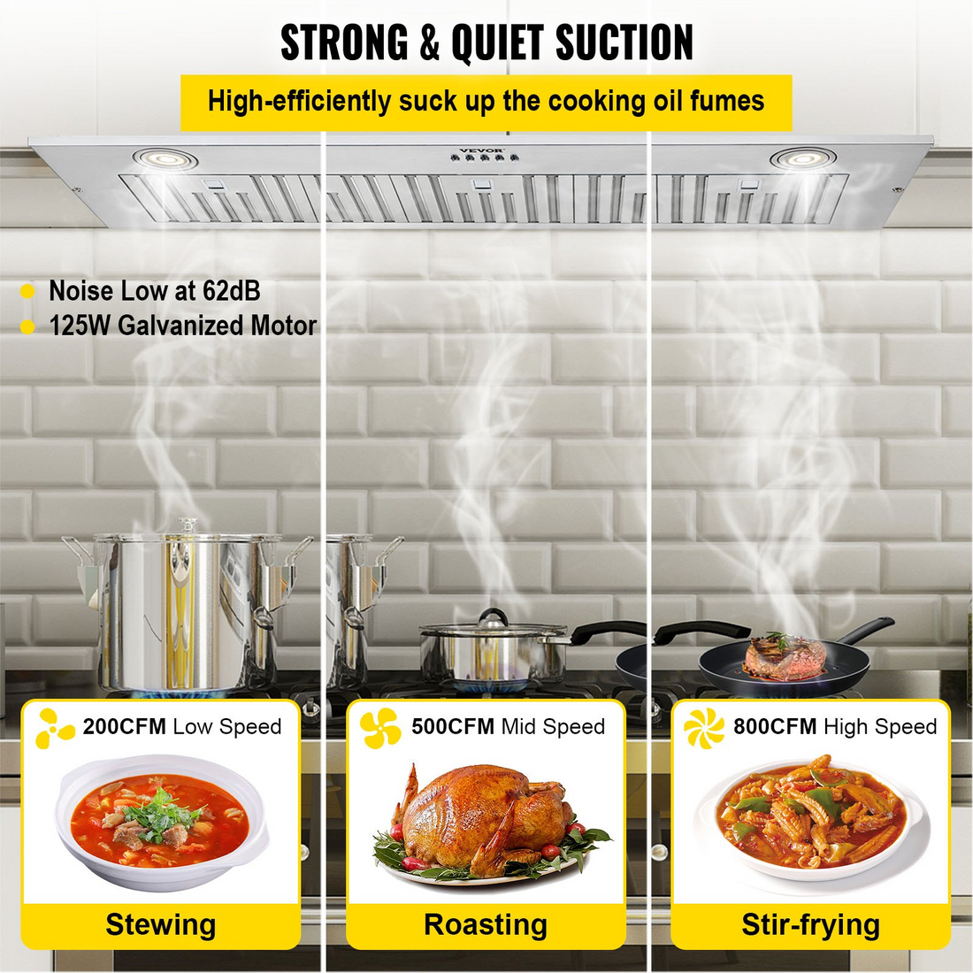 Start2Finish VEVOR 36-inch stainless steel range hood with LED lights, push buttons, baffle filters, and 800 CFM capacity.