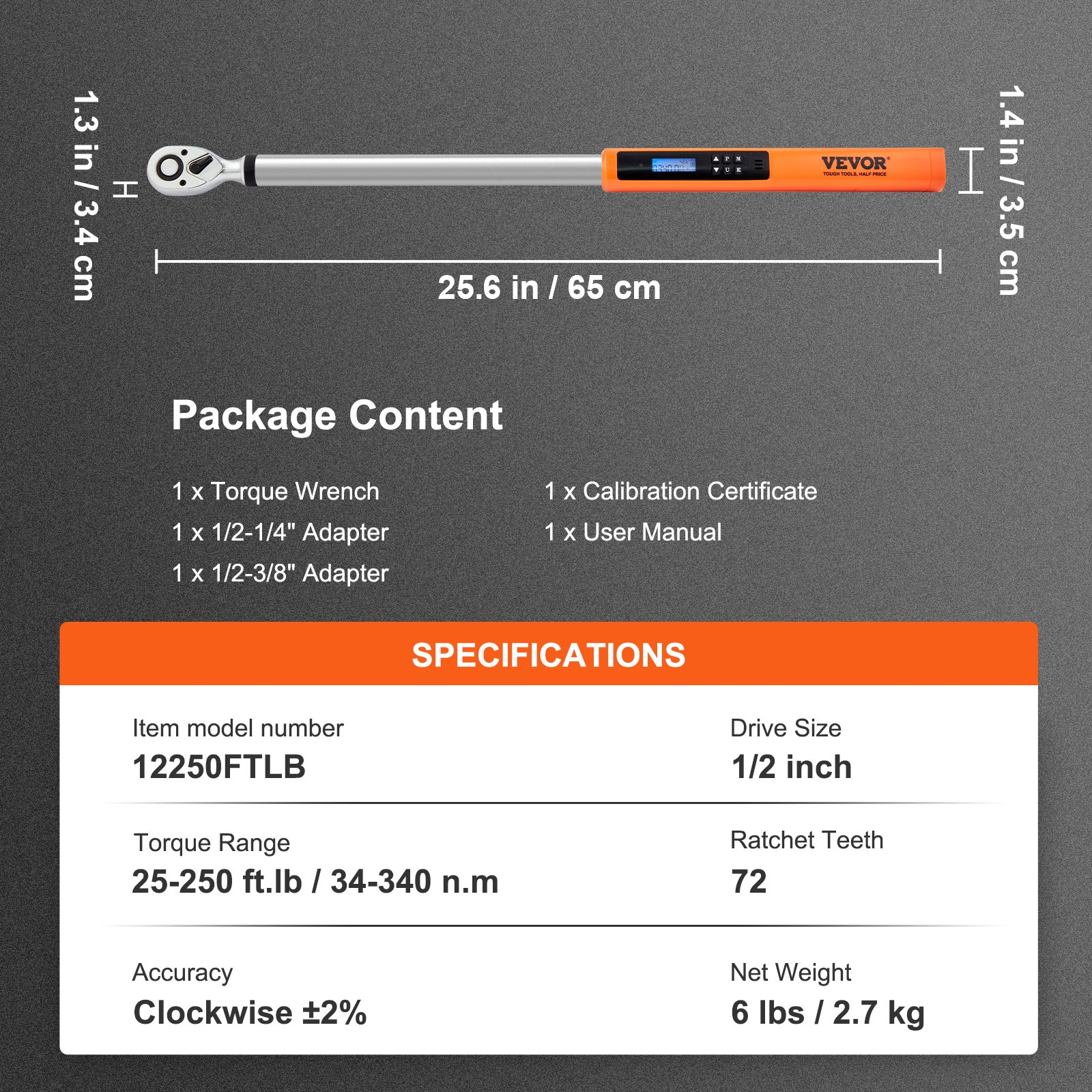 Start2Finish VEVOR digital torque wrench with 1/2" drive, adjustable torque, LED display, and calibration for precise tightening.
