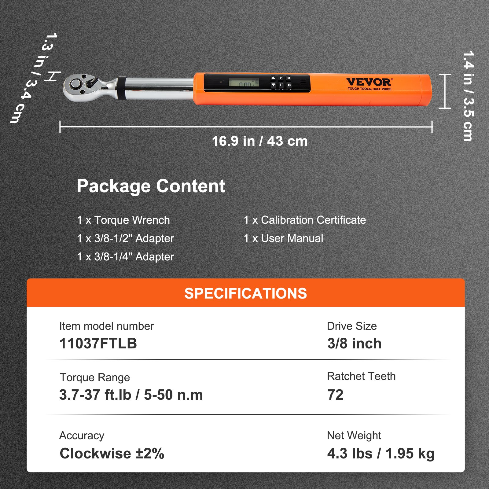 Start2Finish VEVOR digital torque wrench with 3/8" drive, 3-mode adjustable, LED buzzer, calibration, and torque range display.