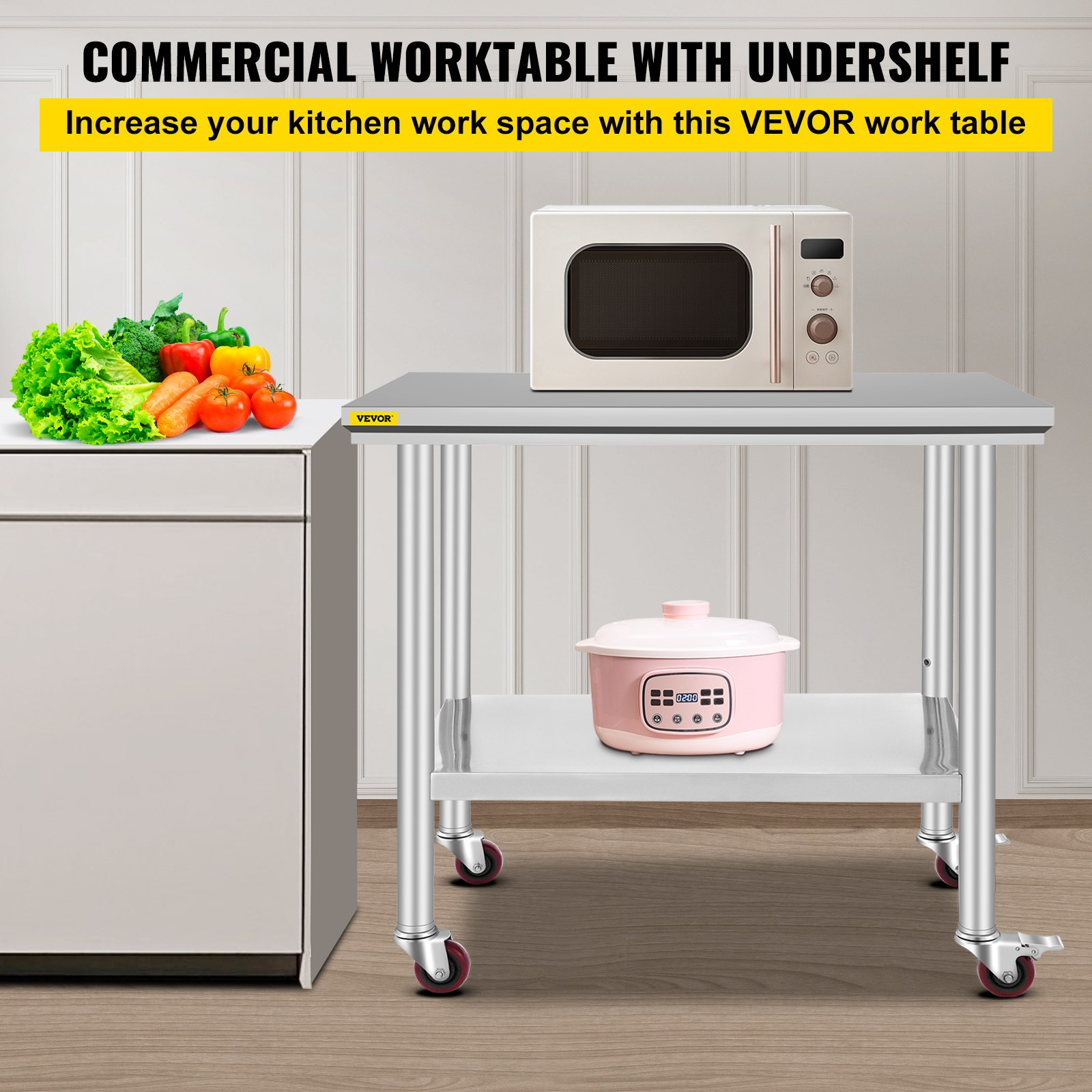 Start2Finish stainless steel work table with 4 wheels, adjustable height, 35x24x33 inches, ideal for commercial kitchens.