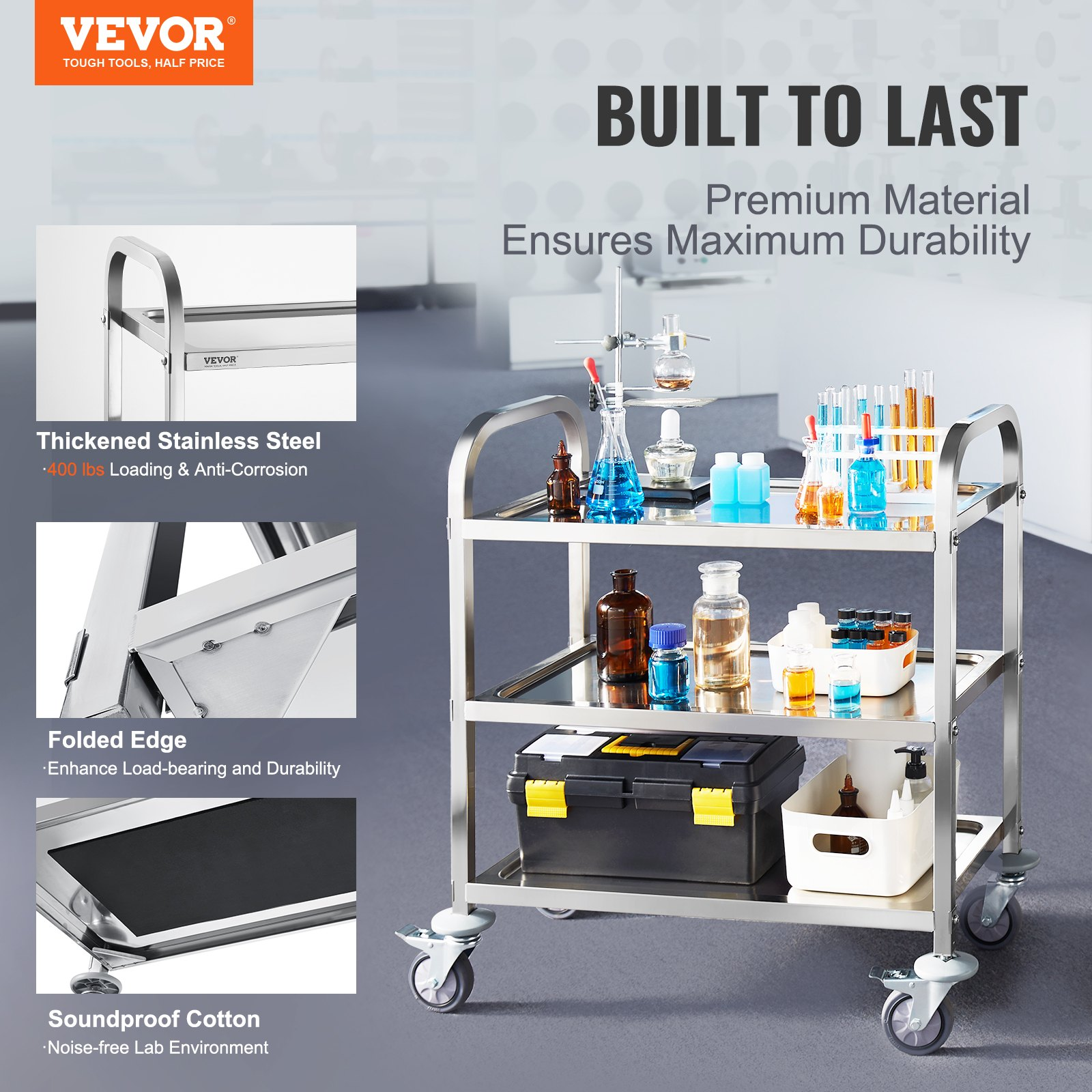 Start2Finish stainless steel 3-layer lab utility cart with lockable wheels, ideal for medical, kitchen, or salon use