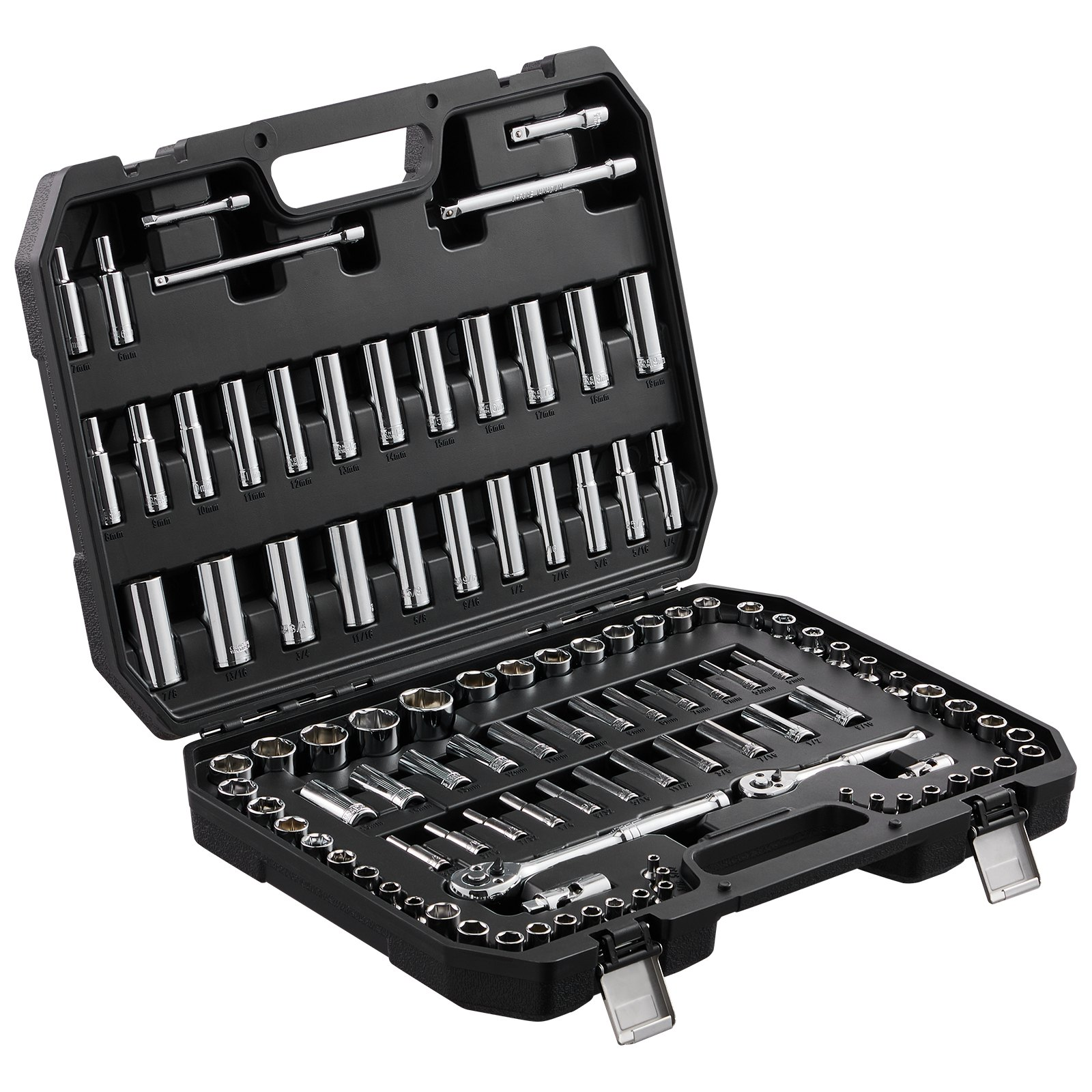 Start2Finish VEVOR socket set with 106 SAE and metric 6-point sockets, ratchets, accessories, and storage case in image.